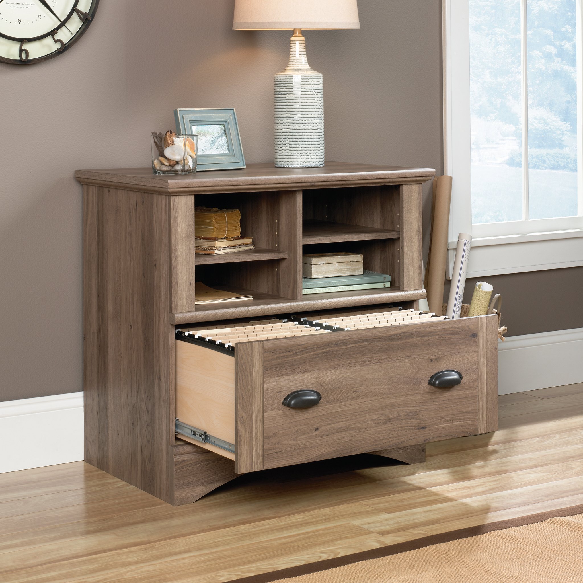 Sauder Harbor View 2-Drawer Lateral File Cabinet with Shelving - Salt Oak Finish for Home Office Organization & Document Storage