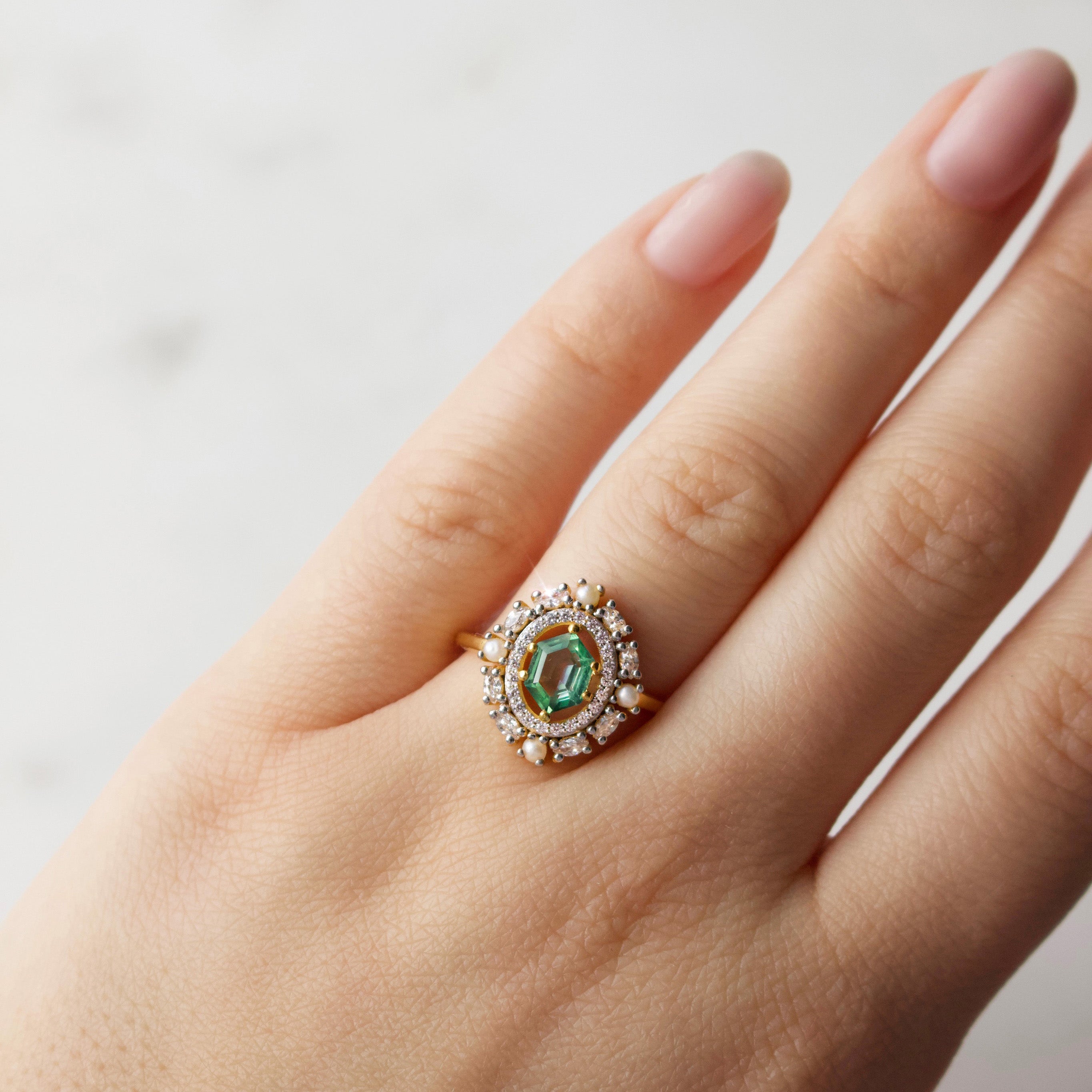 Vintage Green Topaz & Pearl Halo Ring - Elegant Garden Party Jewelry for Women - Perfect for Weddings, Anniversaries & Special Occasions