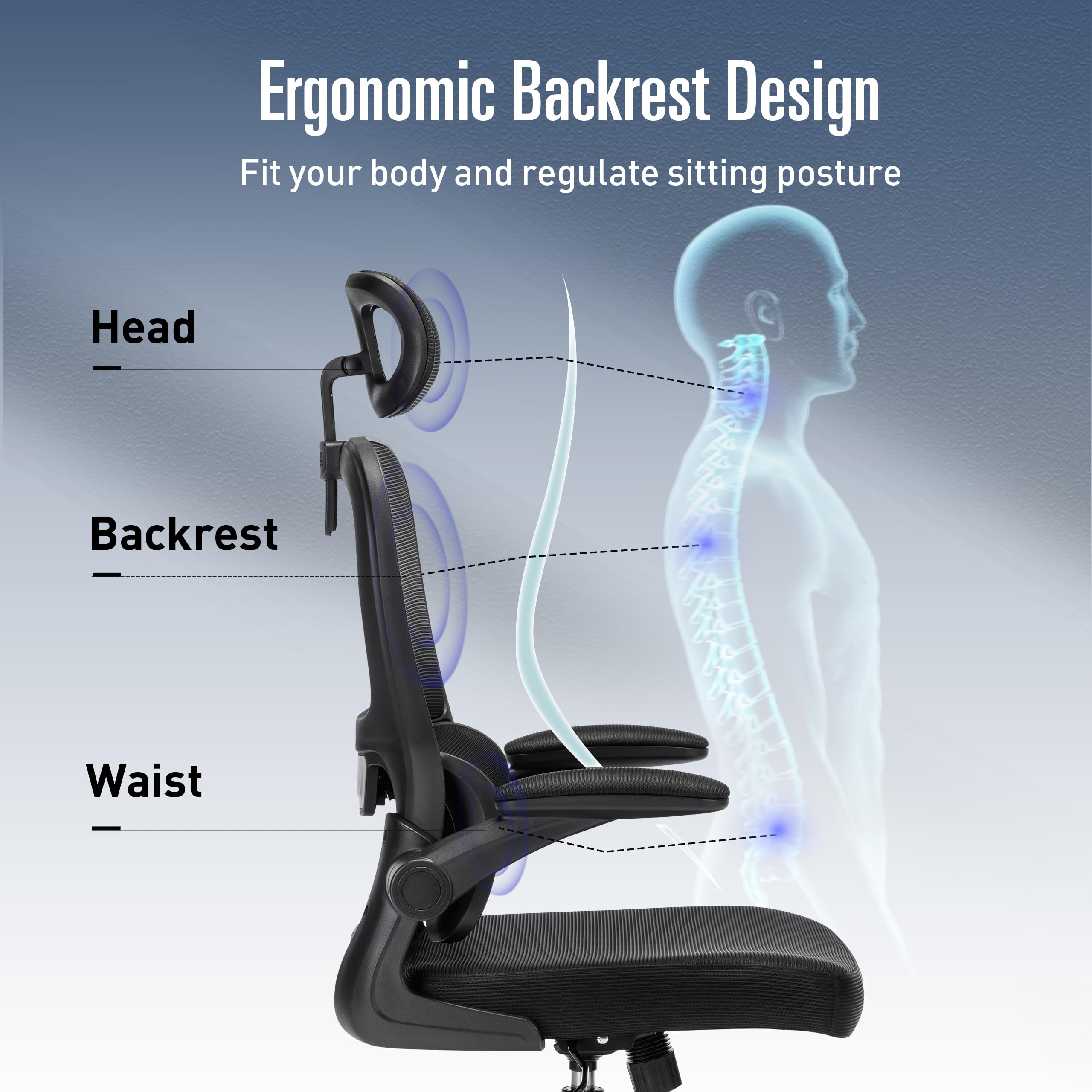 Ergonomic Office Chair with Lumbar Support - High Back Mesh Computer Desk Chair for Home & Office, Adjustable Headrest & Flip-Up Armrests, Black (OC040) - Perfect for Long Work Hours, Gaming & Remote Work
