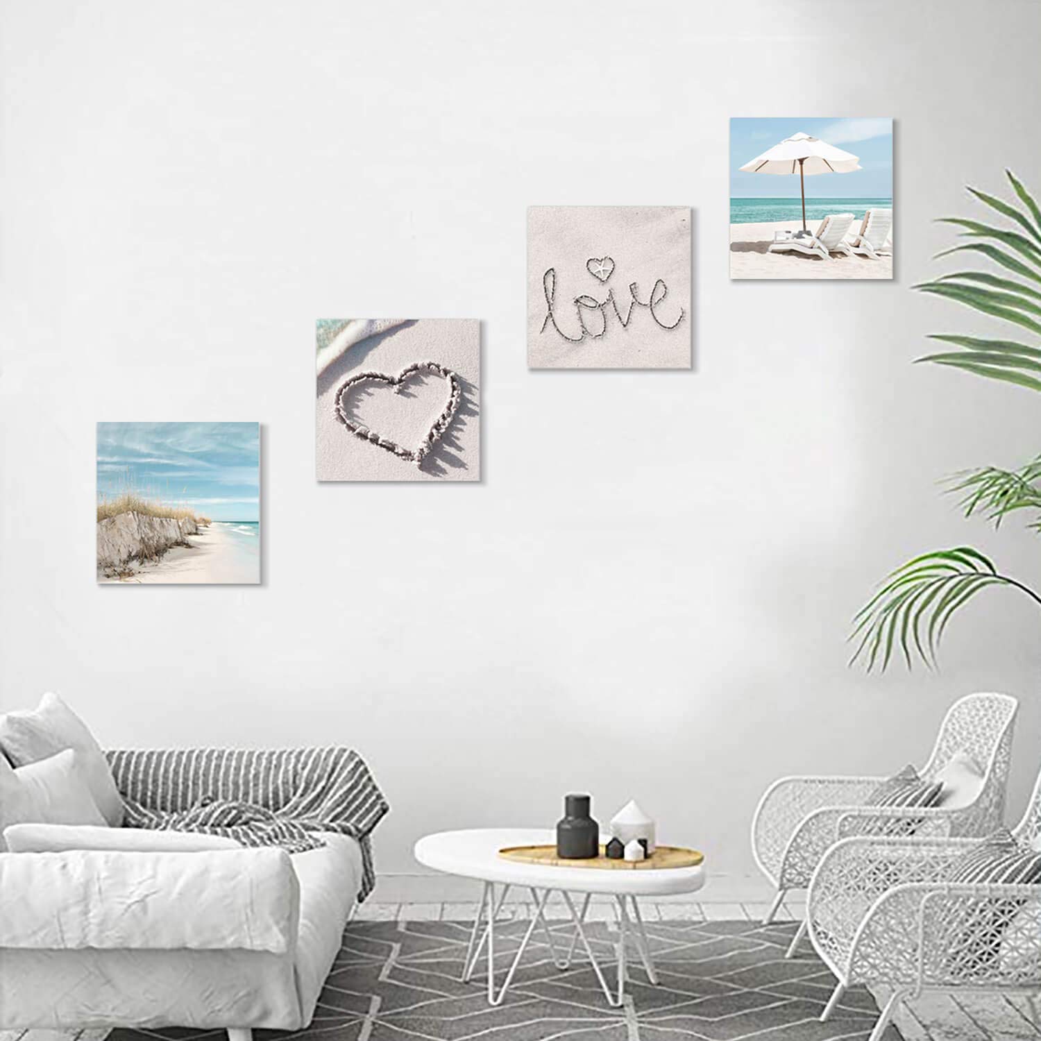 Beach Wall Art Set of 4 - 16x16 Inch Coastal Canvas Prints with Seaside Chairs & Umbrella Decor for Bathroom, Living Room or Bedroom - Multi-Sized Ocean Themed Painting