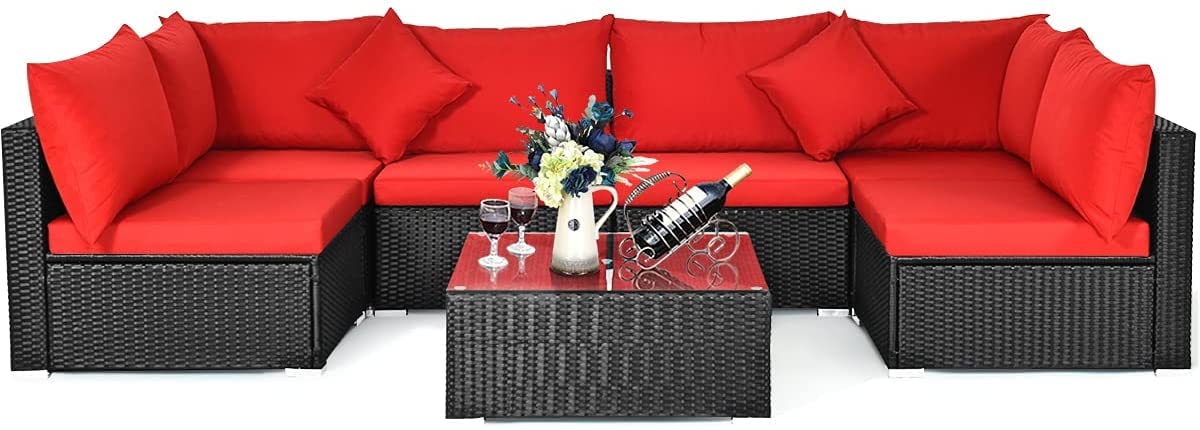 7-Piece Outdoor Patio Furniture Set - Rattan Wicker Sectional Sofa with Cushions, Pillows & Coffee Table - Perfect for Garden, Lawn, Backyard & Poolside Relaxation