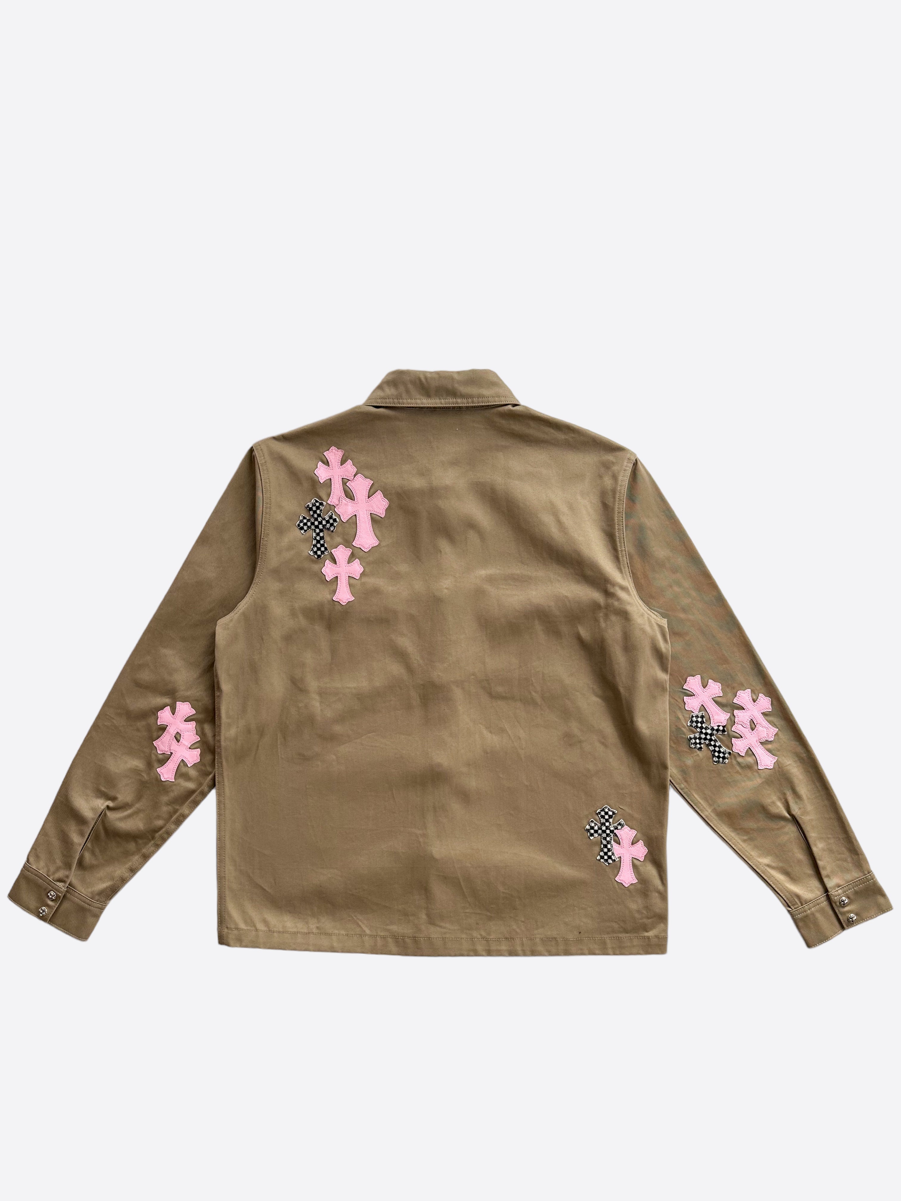 Chrome Hearts Tan Pink & Checkered Cross Patchwork Dog Jacket - Stylish Punk Pet Apparel for Small to Medium Dogs - Perfect for Outdoor Adventures & Fashionable Streetwear