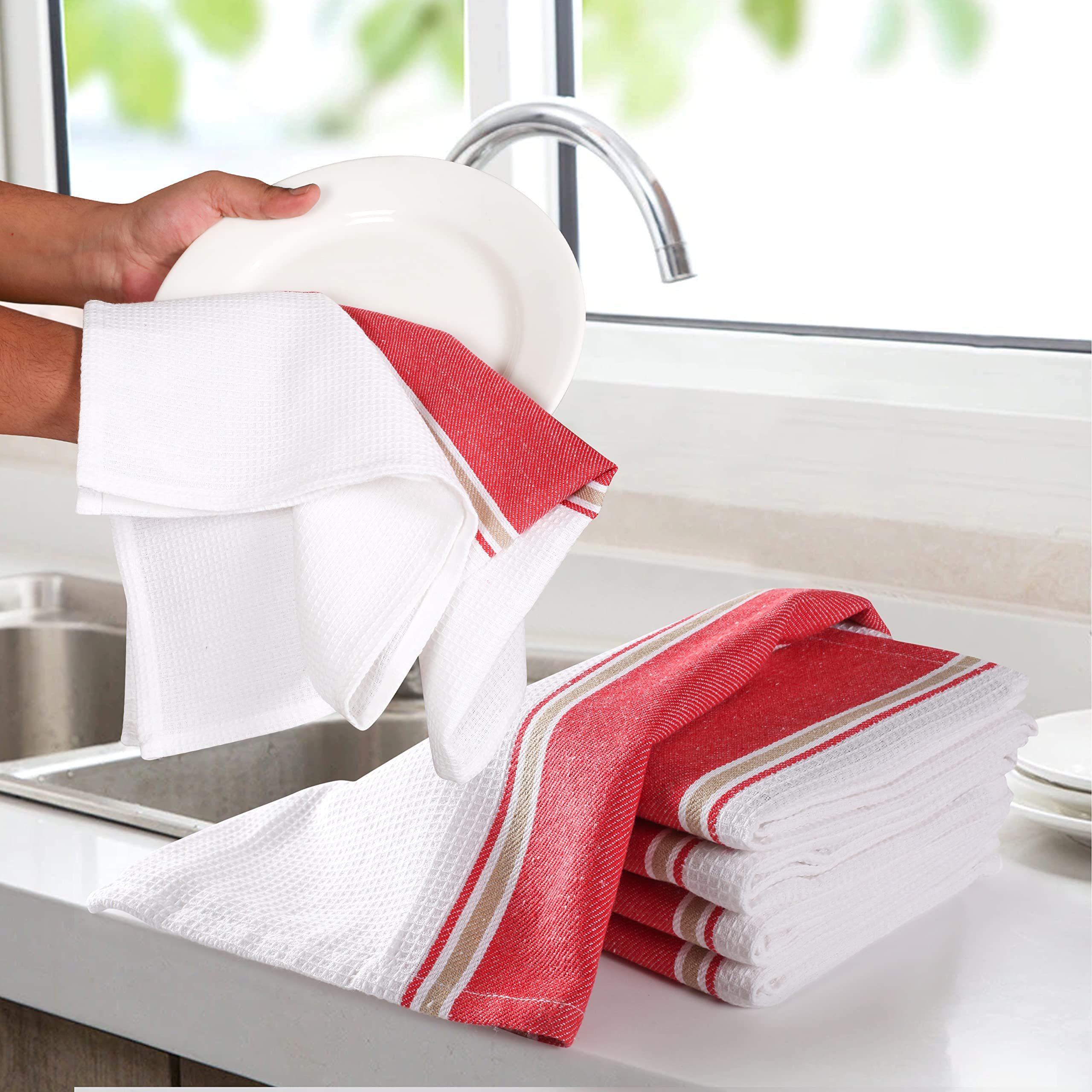 LFH Premium 100% Cotton Dish Towels Set - Super Absorbent & Quick Dry Kitchen Towels for Washing Dishes, Cleaning Countertops & Bar Use (18x28 Inches, Red) - Ideal for Daily Kitchen Cleaning, Dish Drying & Household Chores