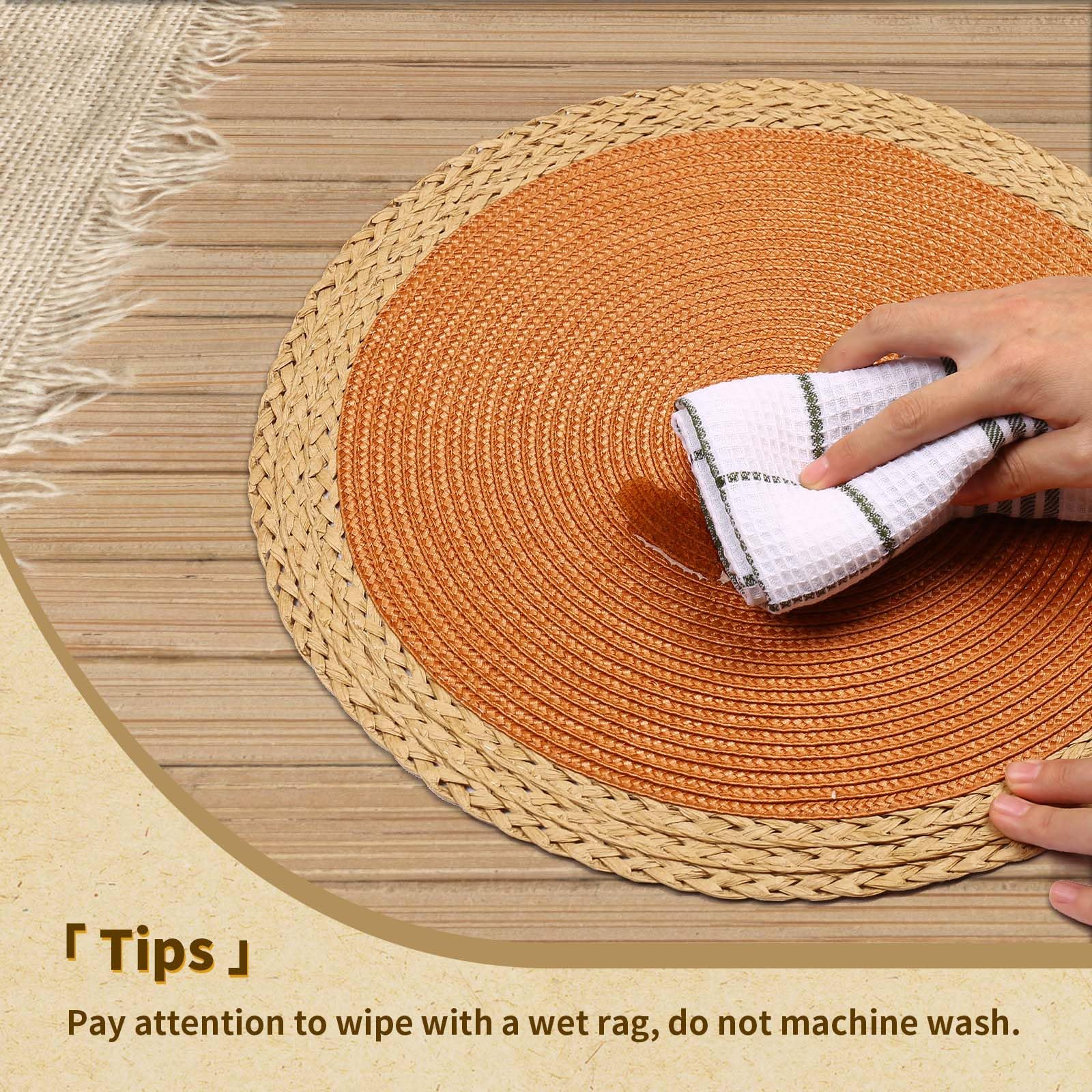 Noctiflorous Round Braided Placemats Set of 4 - 15 Inch Washable & Heat Resistant Table Mats for Dining - Non-Slip Indoor/Outdoor Placemats for Thanksgiving, Christmas, Easter - Perfect for Holiday Dinners, Parties, and Everyday Use (Orange Wide Edge)