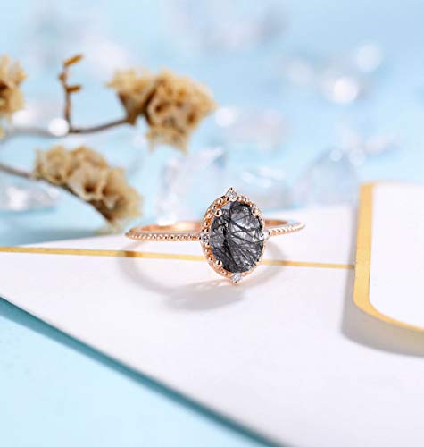 Natural Black Rutile Engagement Ring - Art Deco Wedding Band with Cubic Zirconia | Unique Milgrain Bridal Ring for Women | Anniversary Gift Jewelry | Faceted Oval & Round Cut Gemstone - Perfect for Proposals, Weddings & Special Occasions