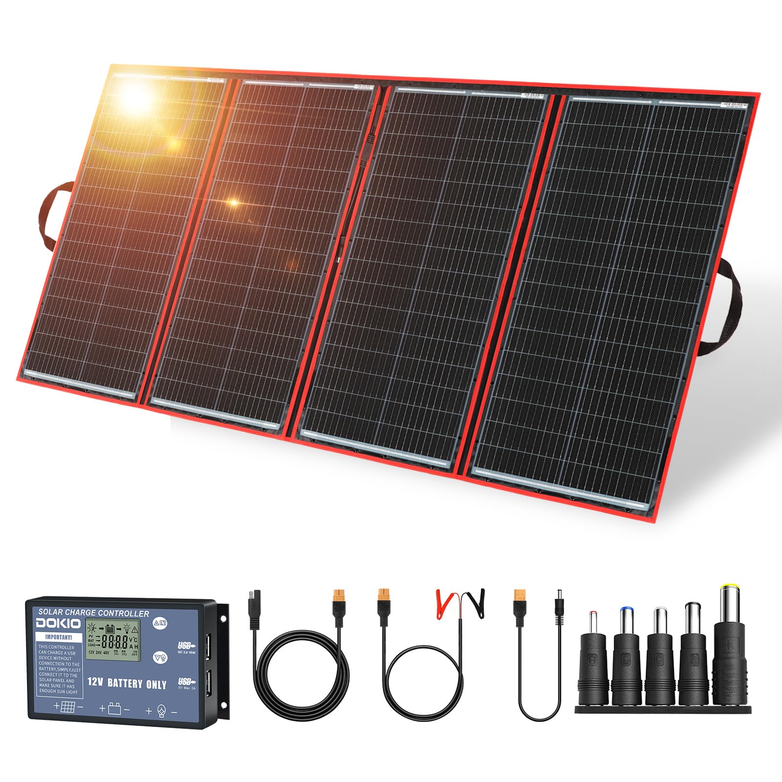 DOKIO 300W 18V Portable Foldable Solar Panel Kit with Controller - 21x41 Inch Lightweight (17lb) Solar Charger for RV, Camping, Trailer - 2 USB Outputs to Charge 12V Batteries/Power Stations (AGM, LiFePO4) - Perfect for Off-Grid Living, Emergency Power & Outdoor Adventures