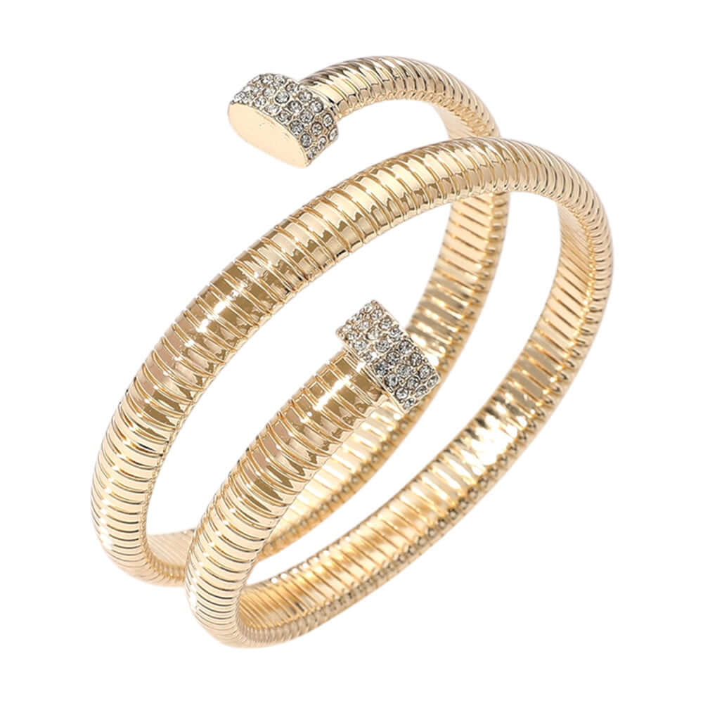 Elegant Gold Paved Tip Ribbed Metal Wrapped Bracelet for Women - Perfect for Parties, Weddings & Everyday Wear