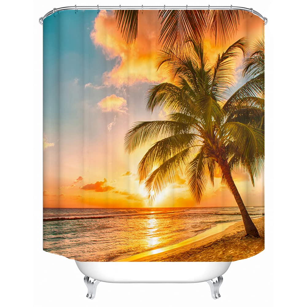 Waterproof Shower Curtain Set with Natural Beach Coconut Tree Print - Polyester Fabric Bathroom Curtain with Hooks & Liners - Coastal Decor for Bathroom, Bathtub, and Toilet Accessories - Perfect for Beach-Themed Bathrooms and Spa-Like Showower Experience