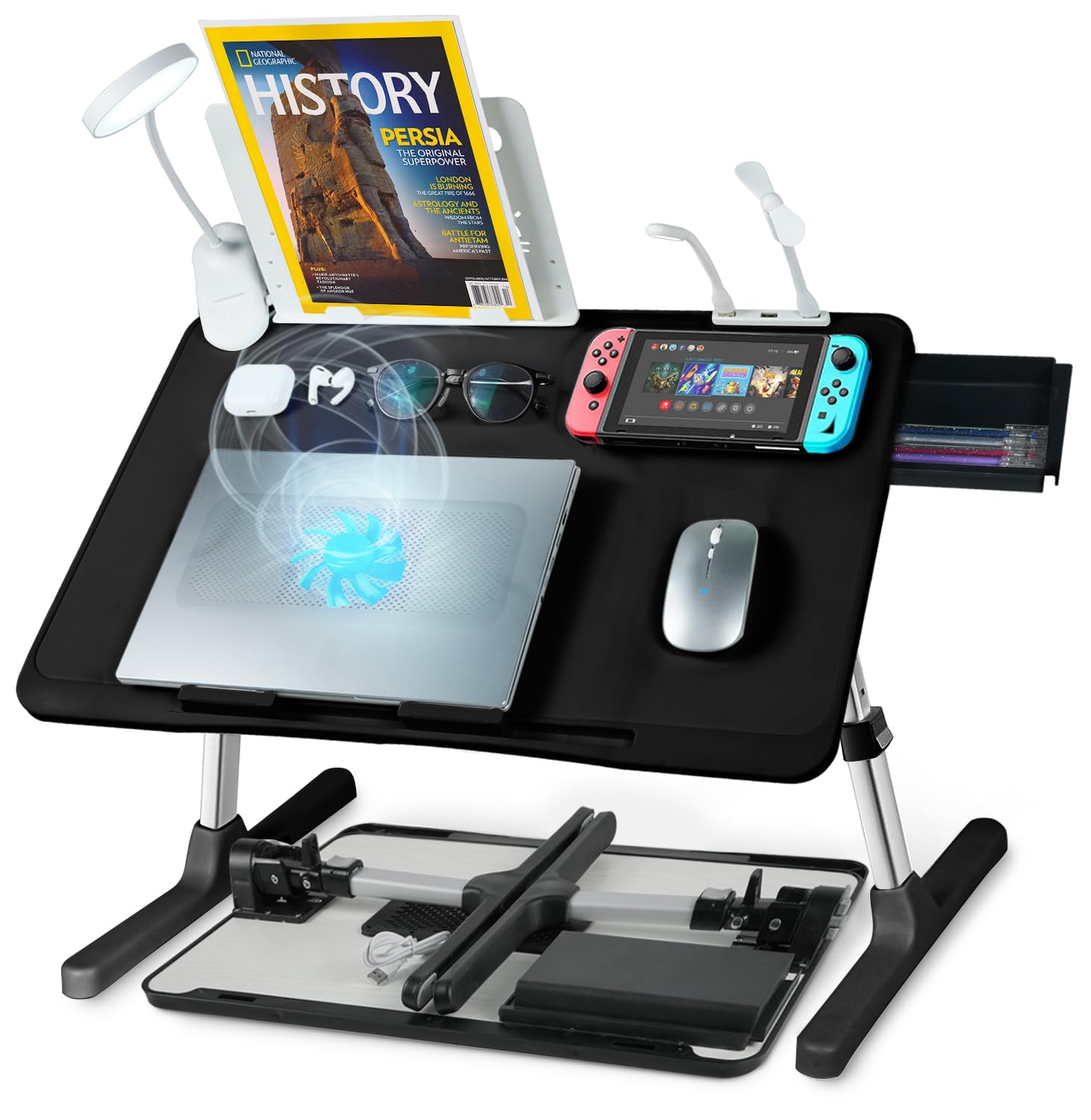Adjustable Laptop Lap Desk with Cooling Fan & Storage Drawer - 23.62