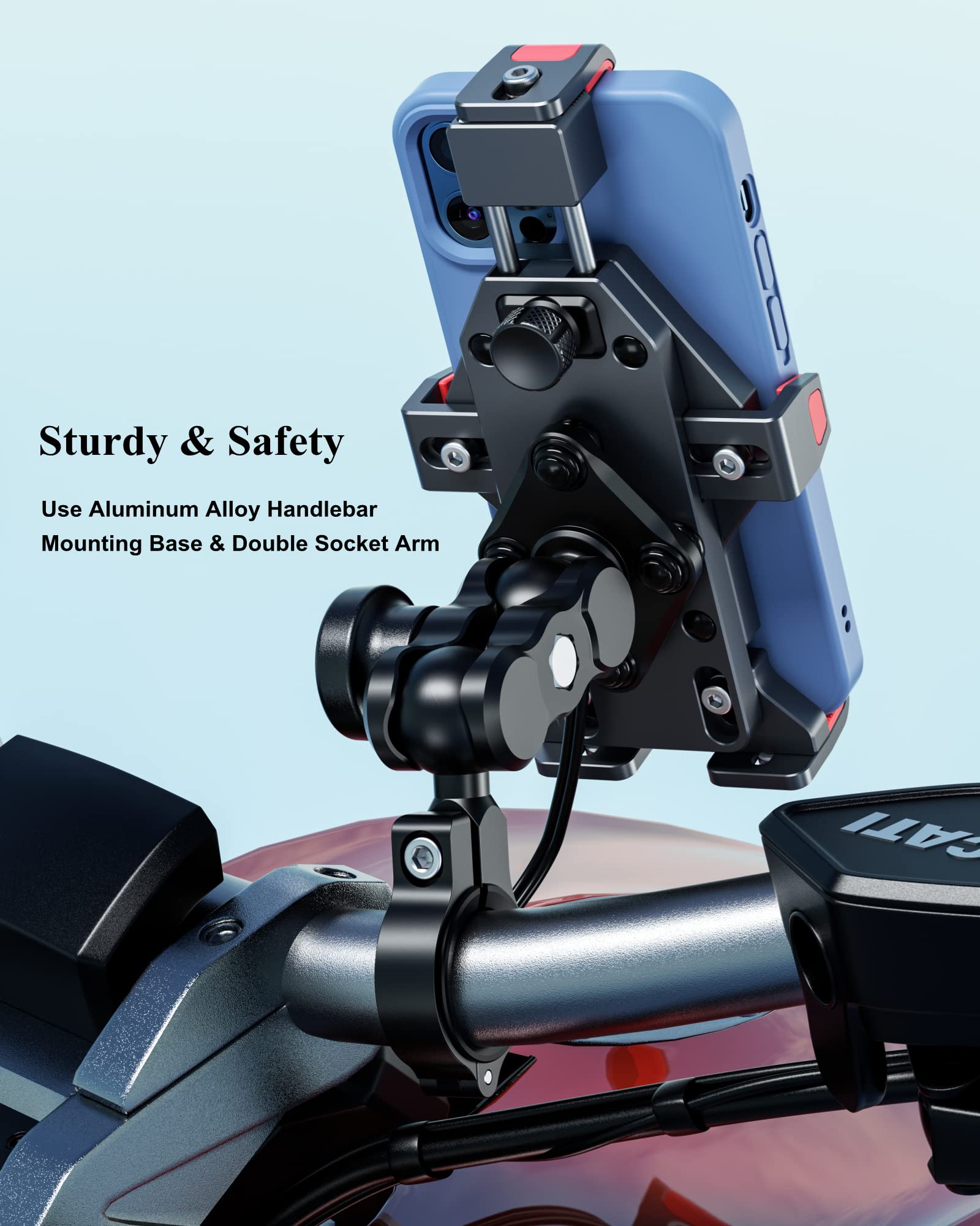 BRCOVAN Motorcycle Phone Mount with Qi 15W Wireless Charging - Aluminum Alloy Handlebar Holder, Vibration Dampener & Anti-Theft Lock for iPhone & Android (4.7