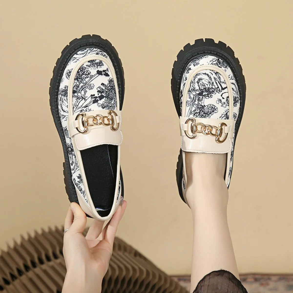 Women's Round Toe Printed Loafers with Block Heels - Comfortable Slip-On Shoes for Work, Office & Casual Outfits