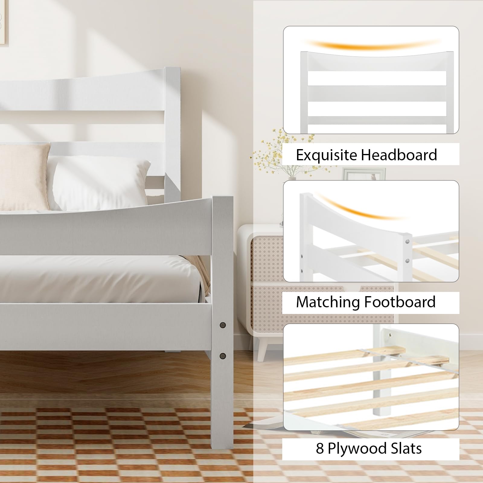Giantex Solid Wood Twin Bed Frame with Headboard & Footboard - Modern White Platform Bed, No Box Spring Needed, Sturdy Wood Slat Support - Perfect for Kids Bedroom, Guest Room & Small Spaces