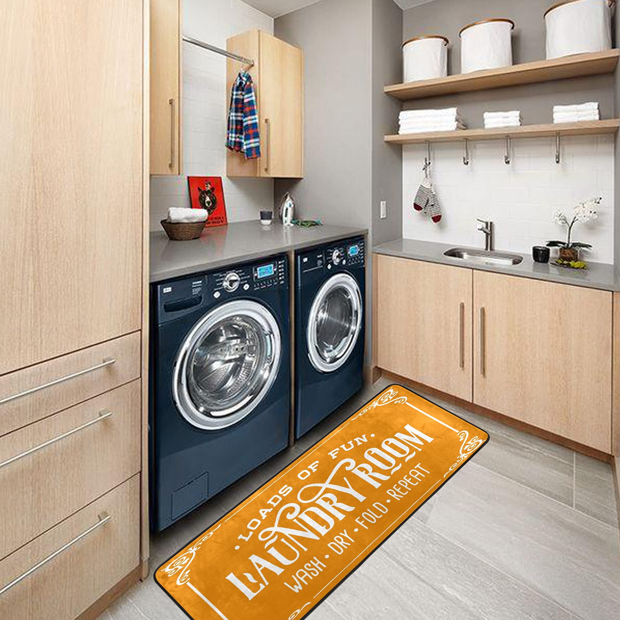 KLL Machine Washable Laundry Rug - 72x24 Inch Orange Farmhouse Decor Runner for Laundry Room | Non-Slip Laundry Mat for Washer & Dryer Area, Mudroom Entryway