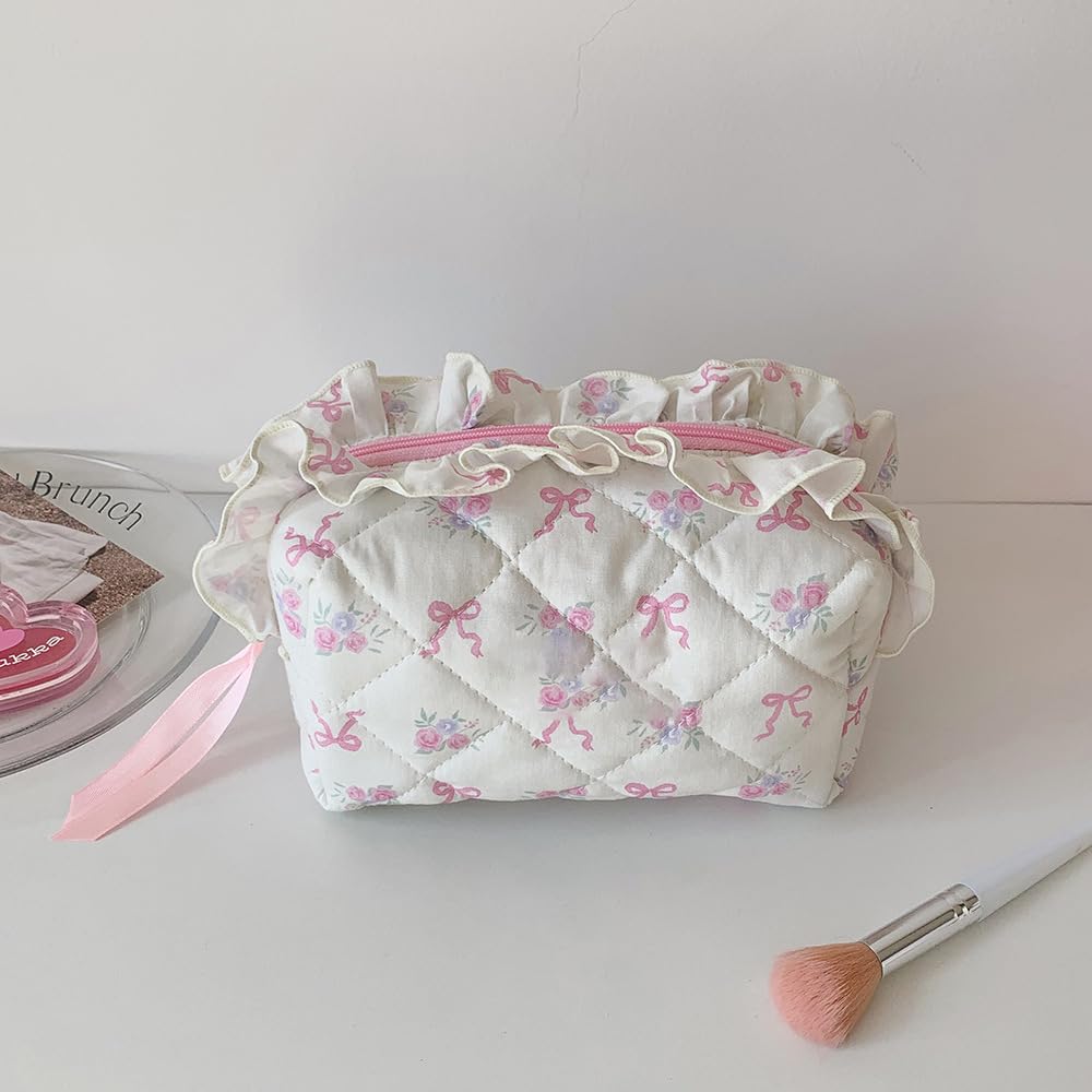 Quilted Makeup Bag for Women & Girls - Cute Pink Bow Tie Toiletry Organizer Pouch, Travel Cosmetic Case, Period Essentials Bag | Perfect for Travel, Gym, Daily Use & Gift Giving