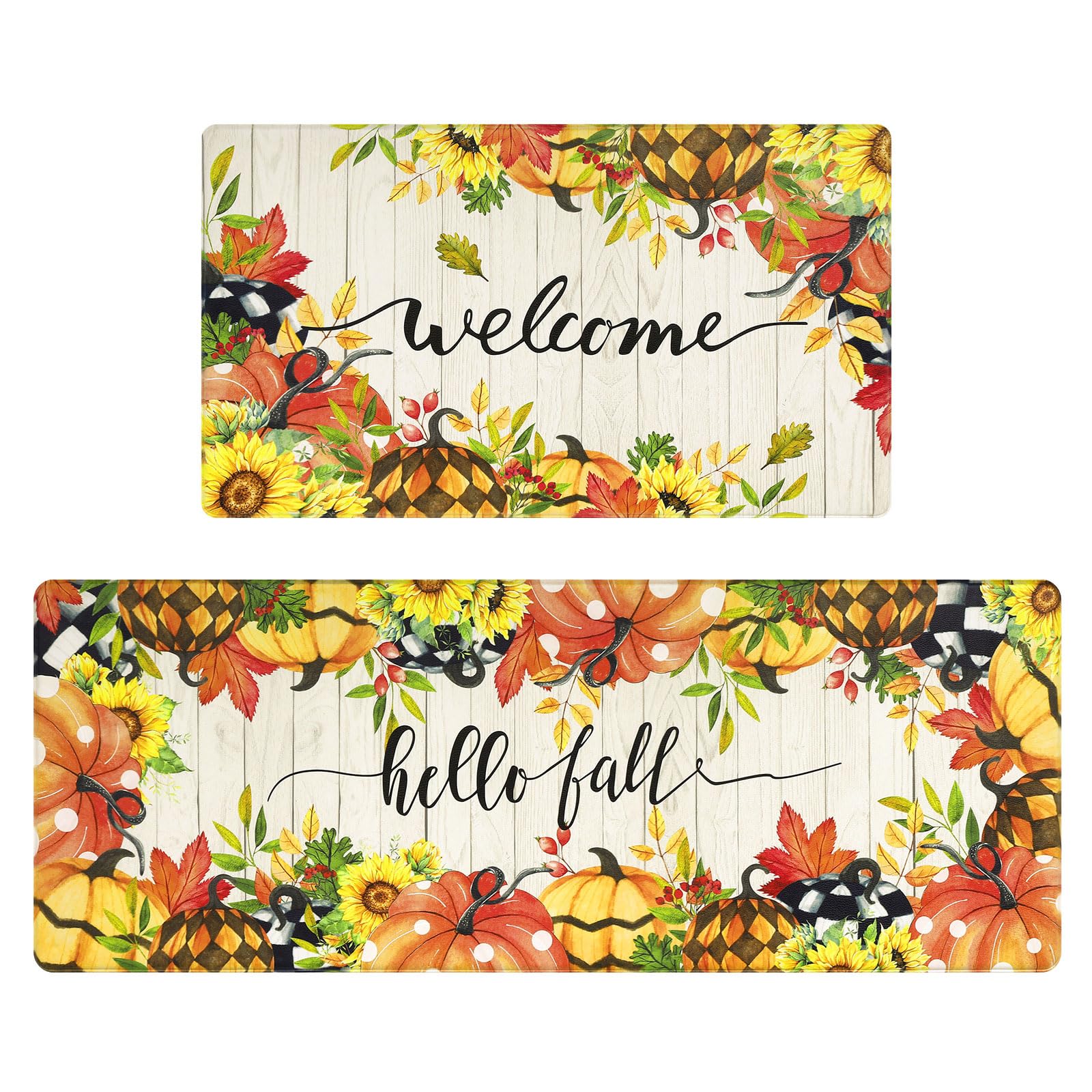 Topotdor Hello Fall Kitchen Mats - 2-Piece Anti-Fatigue Cushioned Floor Mats, Non-Slip Washable Kitchen Rugs for Autumn Harvest & Thanksgiving Decor | Perfect for Home Kitchen, Standing Comfort & Seasonal Decorating