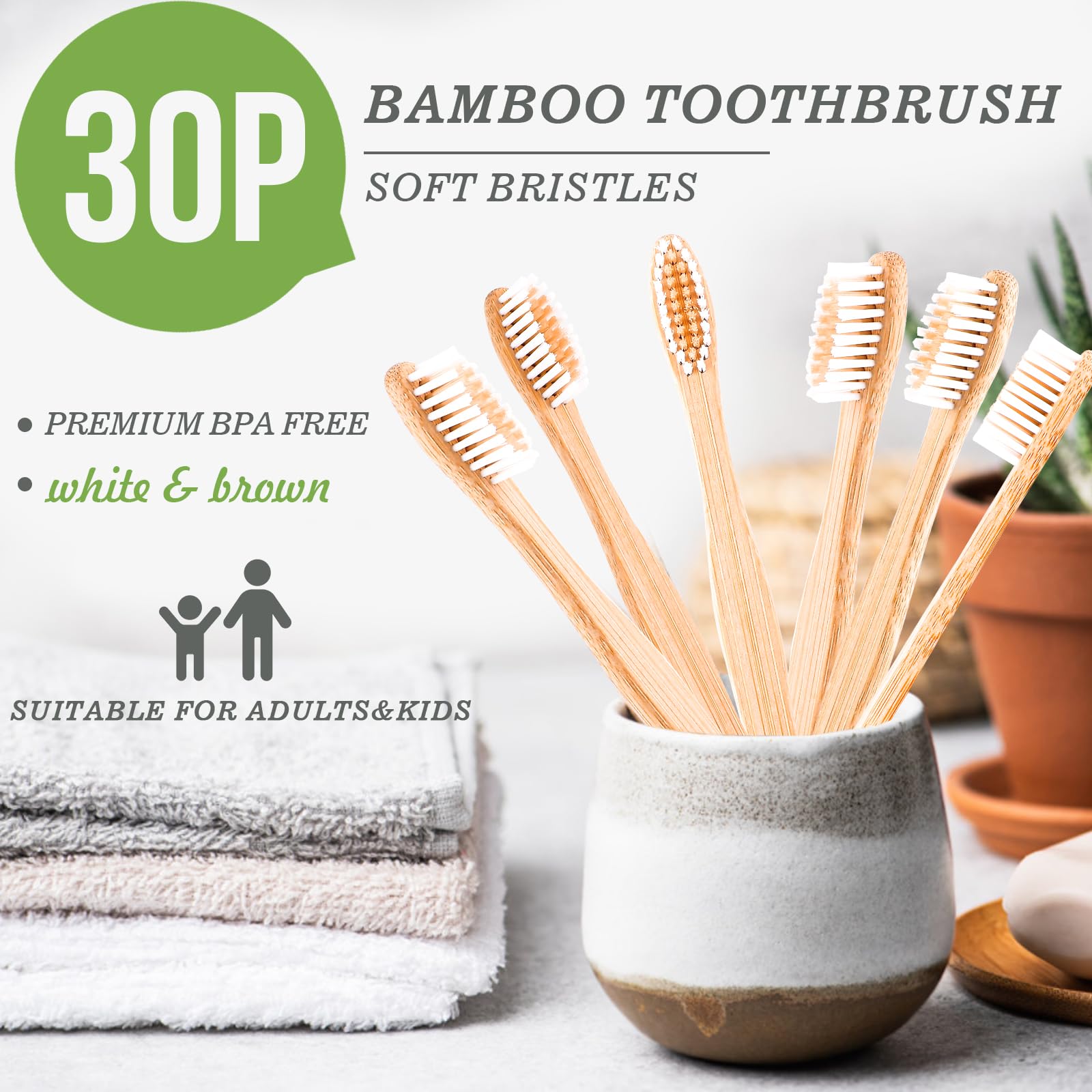 30 PCS Bamboo Toothbrushes for Adults - BPA Free Soft Bristles, Eco-Friendly Natural Wooden Toothbrush Bulk Pack with 2 Reusable Travel Toothbrushes | Perfect for Home, Travel & Sustainable Oral Care