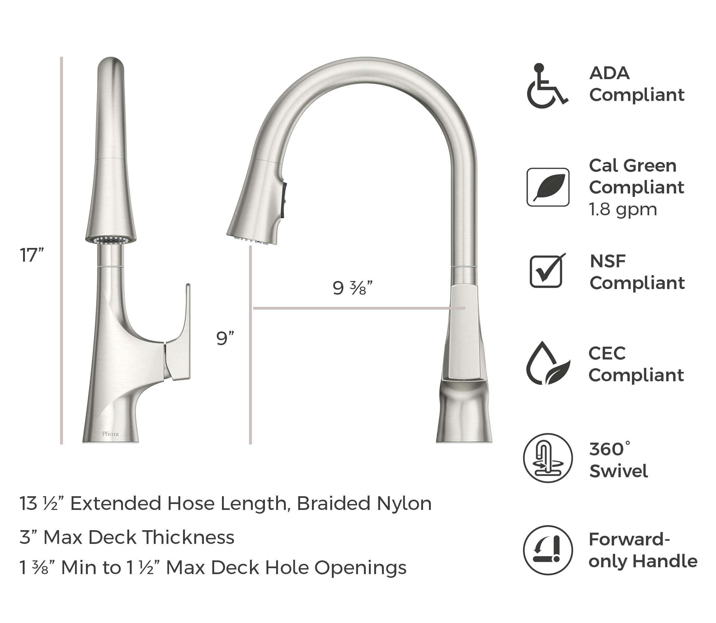 Pfister Norden Single Handle High Arc Pull Down Kitchen Faucet with Sprayer - Stainless Steel Finish (GT529NRS) - Perfect for Modern Kitchens, Dishwashing & Food Prep
