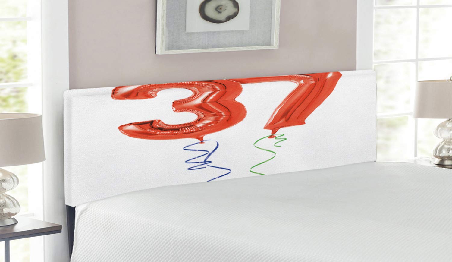 Ambesonne 37th Birthday Headboard - Flying Balloons Design Upholstered Metal Bed Frame with Memory Foam - Queen Size Red & White - Perfect for Adult Bedrooms, Guest Rooms & Birthday Party Decorations