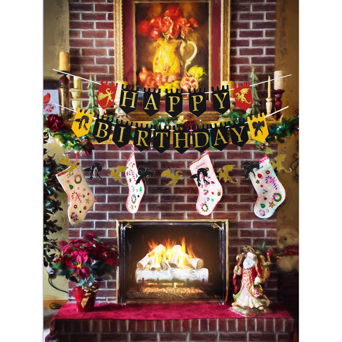 Game of Thrones Inspired Dragon & Basement Birthday Banner - Glittering Happy Birthday Pull Flag Decoration for Fantasy Themed Parties & Medieval Decor