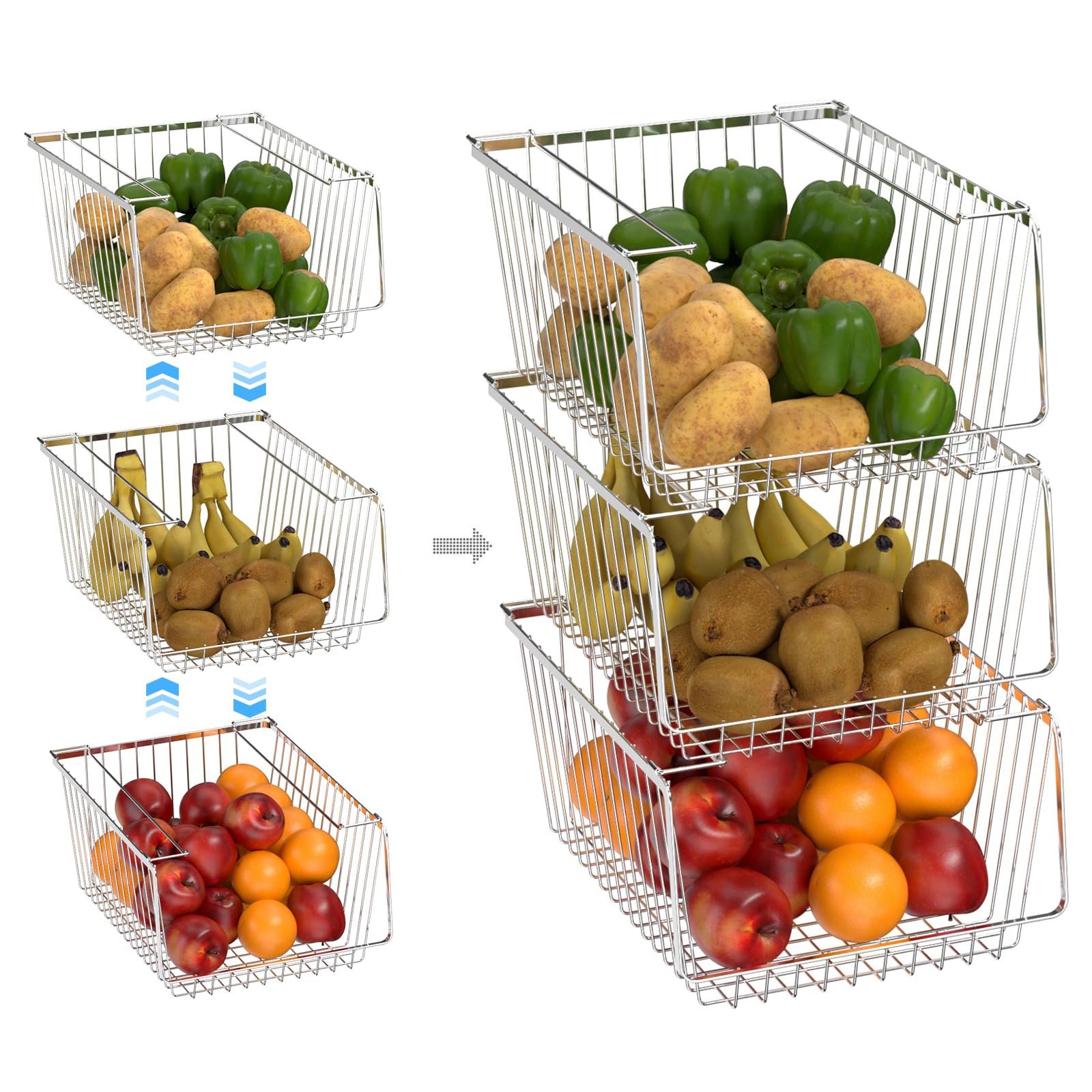 Stackable Wire Storage Baskets with Handles - Set of 2 | Organizer Bins for Kitchen, Pantry, Bathroom, Cabinets, Closets & Bedrooms | Perfect for Home Organization & Space Saving