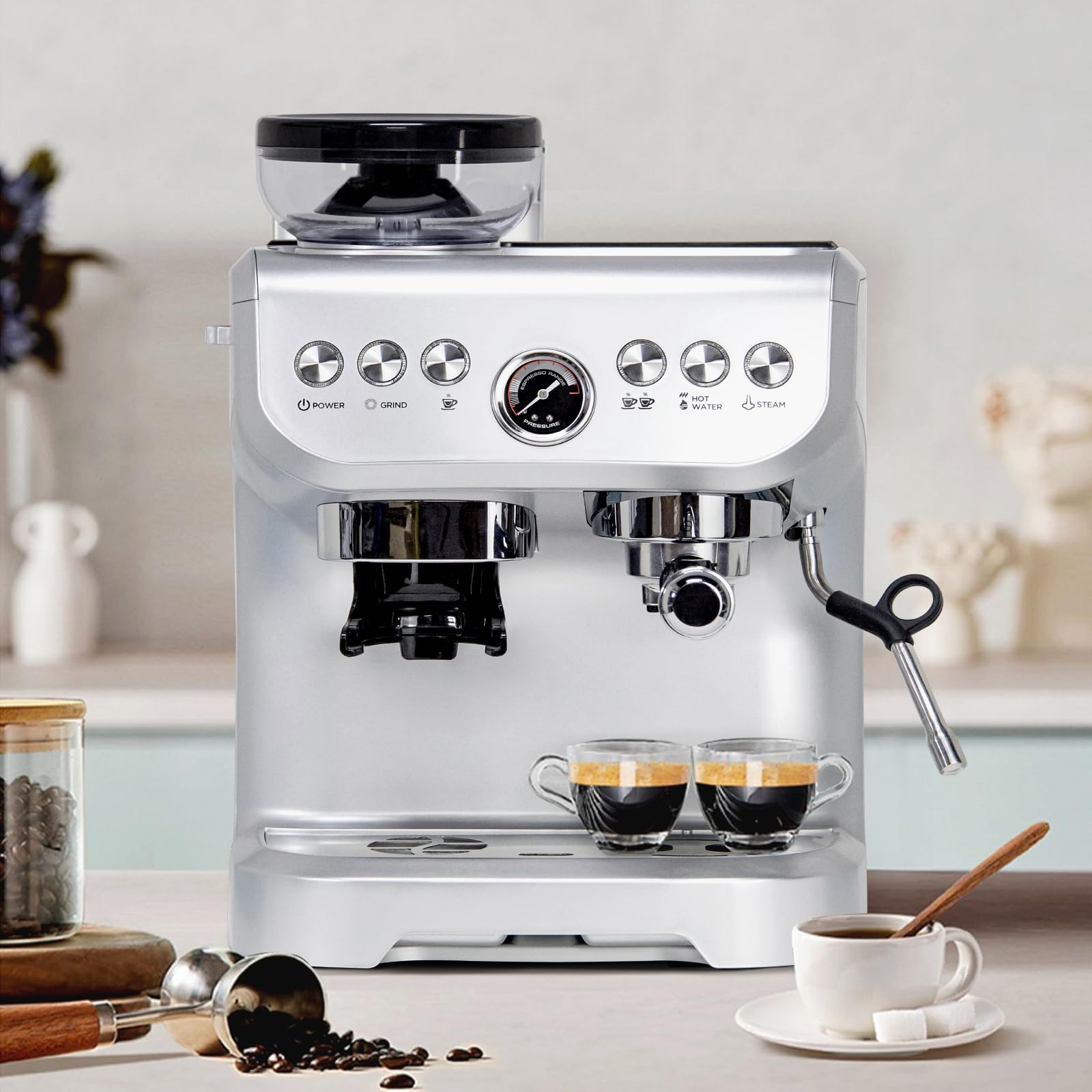 MIROX 15 Bar Espresso Machine with Milk Frother & Built-In Grinder - 70oz Removable Water Tank for Cappuccino & Latte - Perfect for Home & Office Coffee Brewing (ABS High-Strength Plastic)