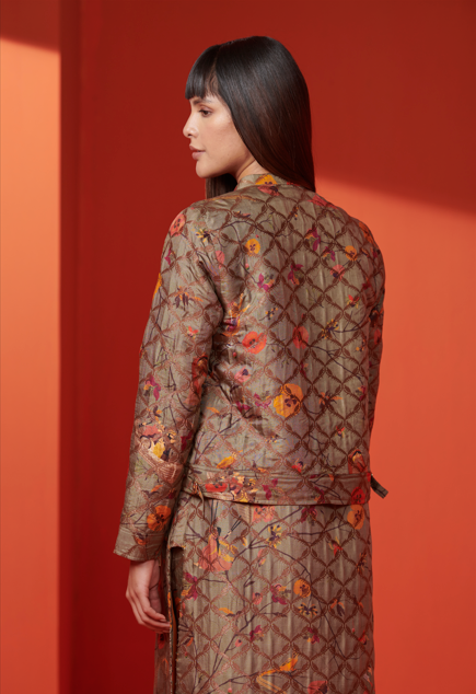 Musafir Jacket - Premium Silk Brocade Olive Green Coat for Women | Elegant Outerwear for Travel, Weddings & Special Occasions