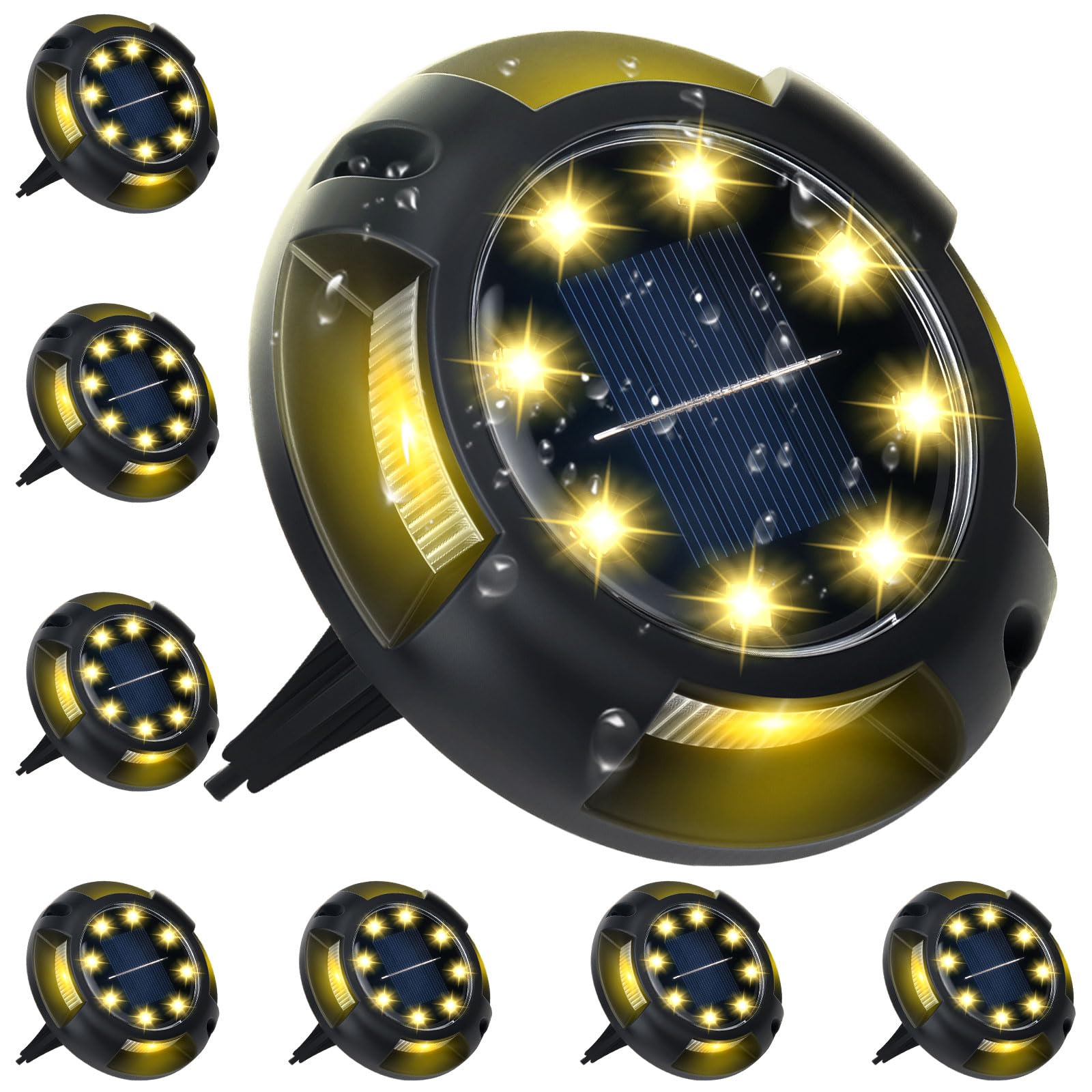 8 Pack 12 LED Solar Ground Lights - Waterproof Outdoor Landscape Lighting for Garden, Pathway, Yard, Lawn, Patio, Deck & Driveway | Warm White Solar Disk Lights | Perfect for Nighttime Safety & Garden Decor