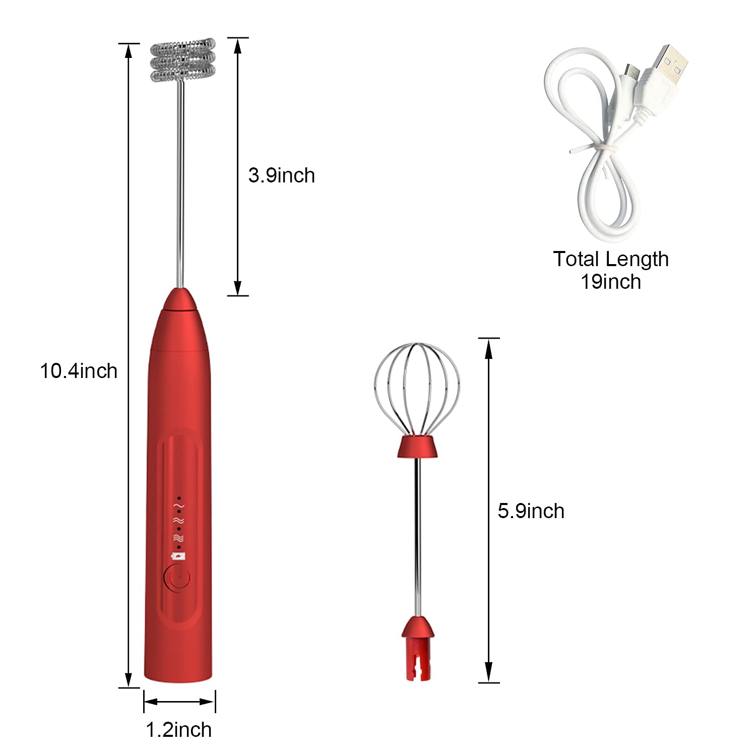 Rechargeable Handheld Milk Frother - 3 Speed Electric Drink Mixer with 2 Stainless Steel Whisk for Cappuccino, Latte & Hot Chocolate (Red) - Perfect for Coffee Shops, Home Kitchen & Office Use