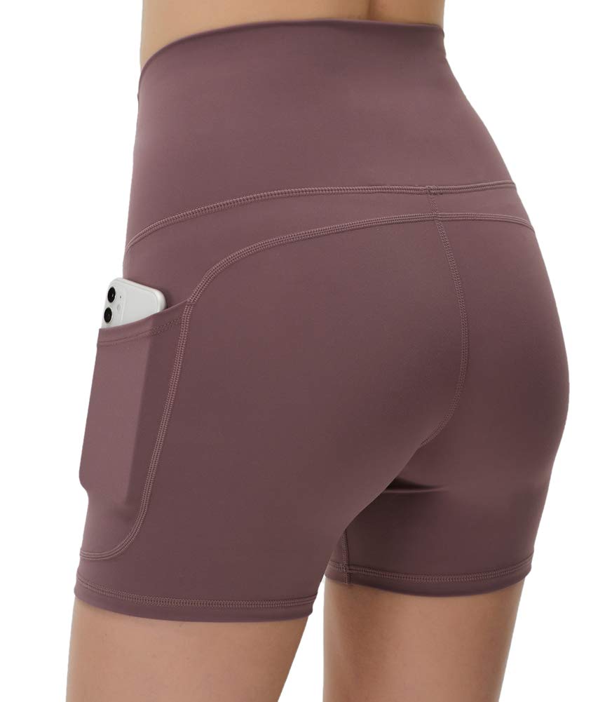 YAKER High Waist Yoga Shorts for Women - 2 Side Pockets & Waistband Pocket - Tummy Control Workout Shorts for Running, Home Exercise & Yoga