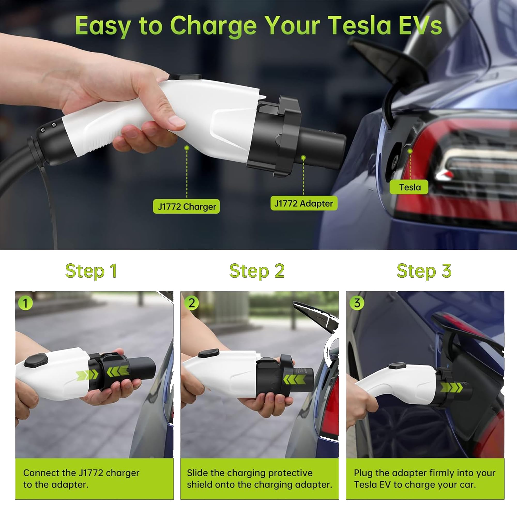 J1772 to Tesla Charging Adapter 80A 240V AC - SAE Certified Tesla Charger Adapter for Model 3/Y/S/X - Fast EV Charging at Home & Public Stations