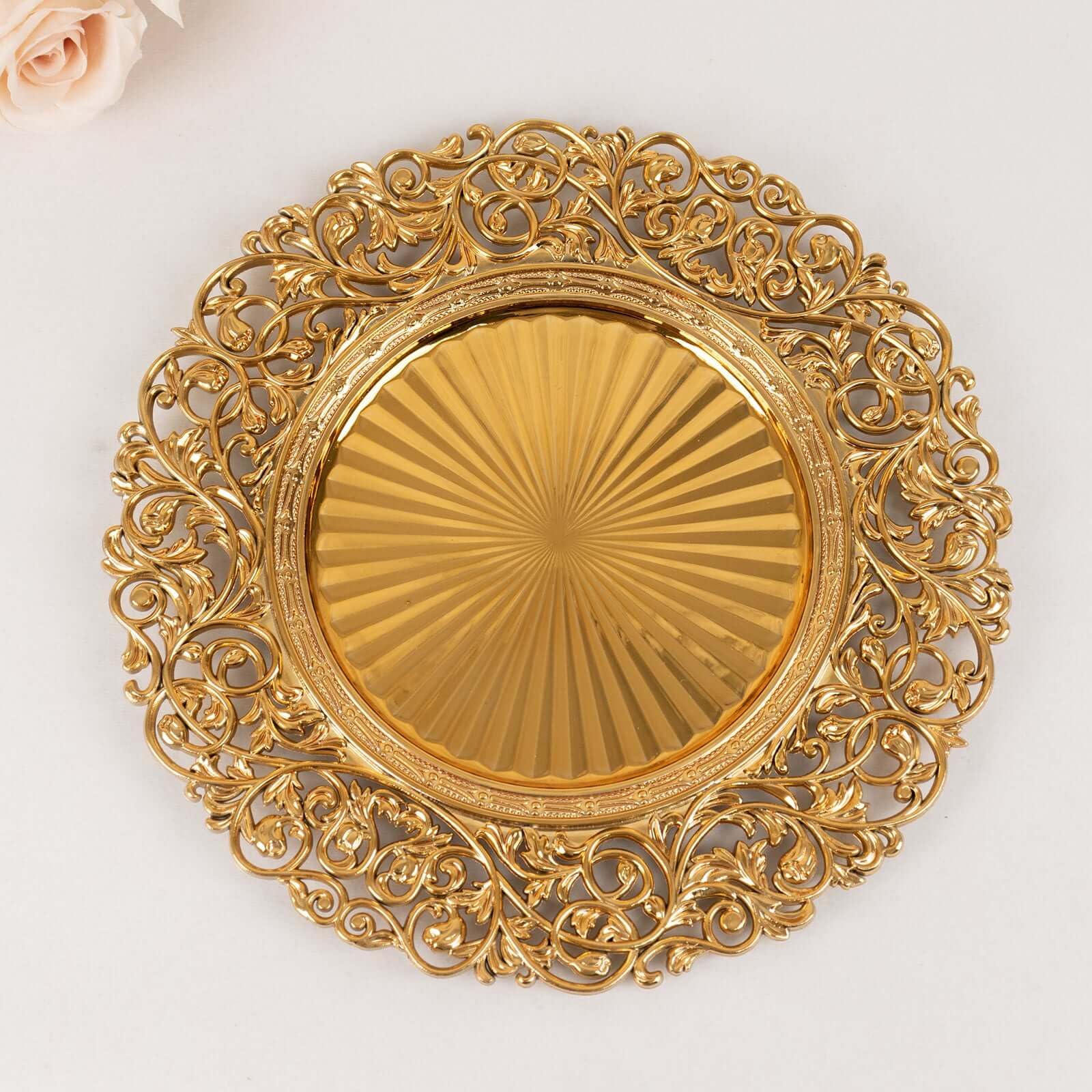 Efavormart 6 Pack Gold Vintage Floral Acrylic Charger Plates with Carved Borders - 13 Inch Round Decorative Dinner Plates for Wedding, Party, and Holiday Table Decor