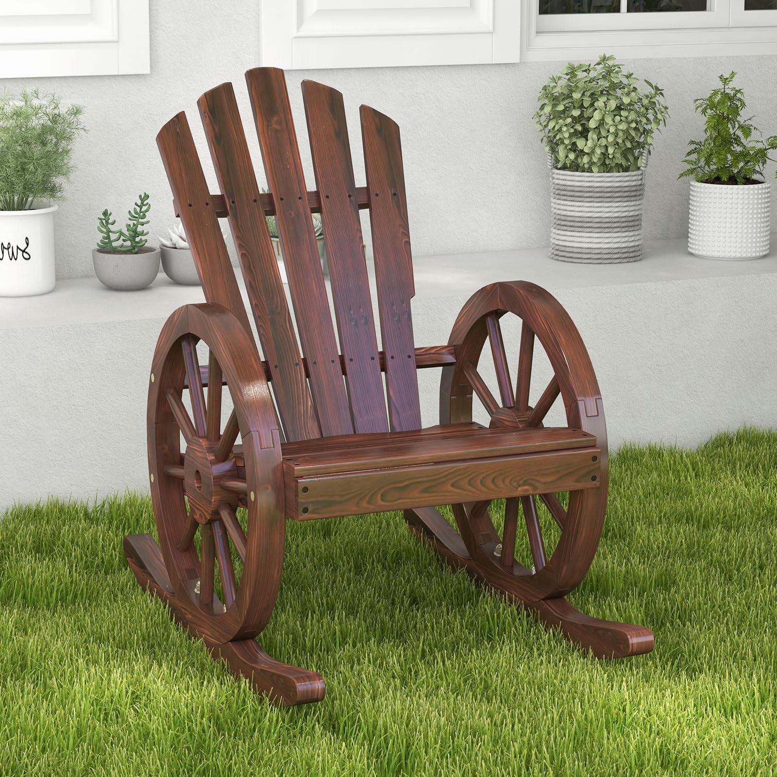 KINTESS Wooden Wagon Wheel Rocking Chair - Outdoor Patio Rocker with Armrests for Garden, Porch, Backyard & Relaxation | Durable Wooden Rocker for Comfortable Lounging