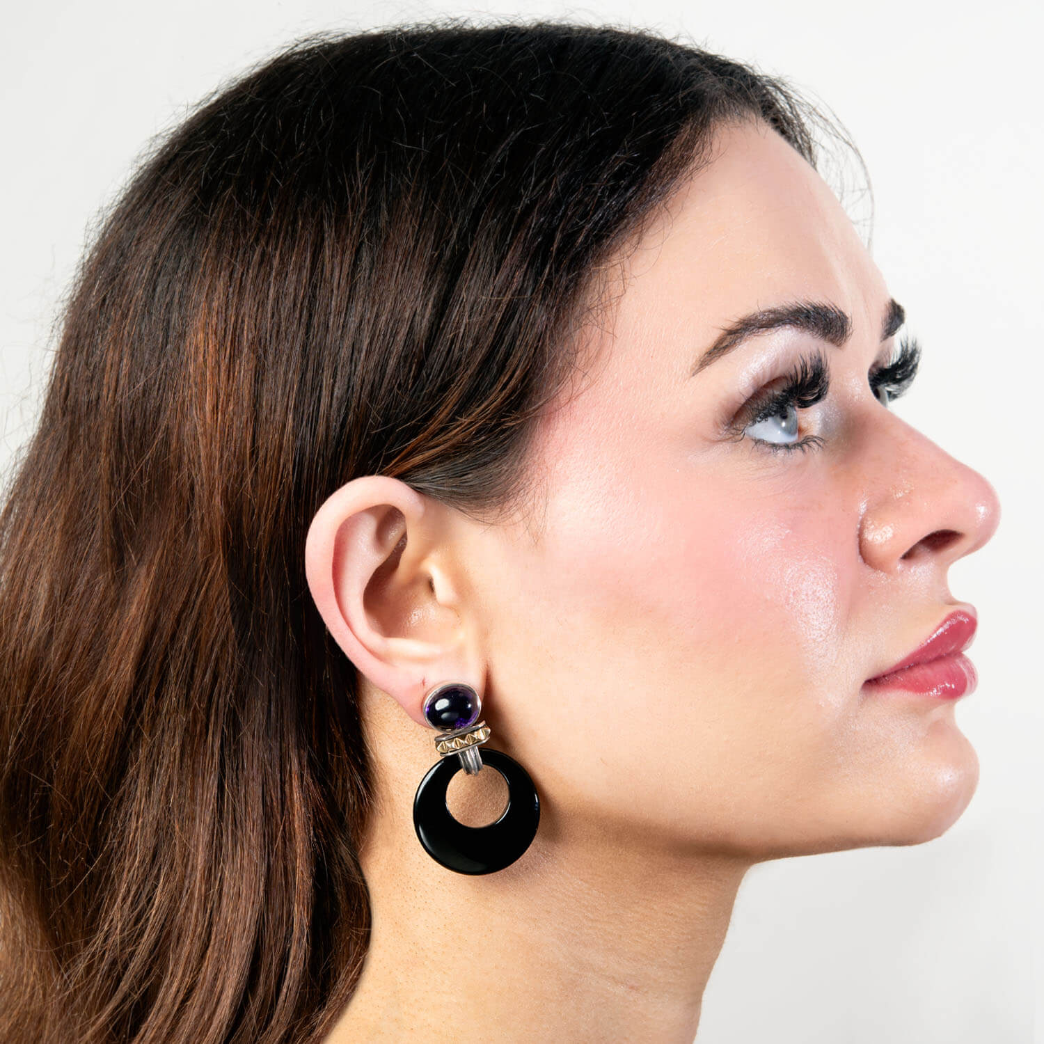LAGOS Estate 18k Gold & Sterling Silver Amethyst Onyx Hoop Earrings for Women - Elegant Jewelry Gift for Birthday, Anniversary & Special Occasions