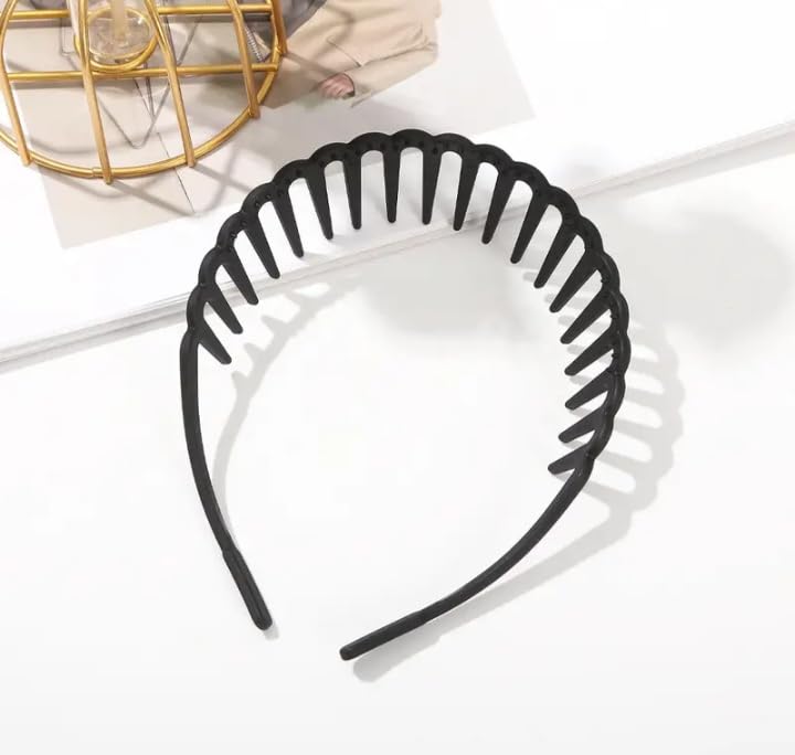 Non-Slip Resin Hair Hoop - Matte Finish Teeth Comb Headband for Women & Girls (2 Pack, Black) | Wavy Toothed Hair Clasp for Ponytails, Updos & Everyday Styling