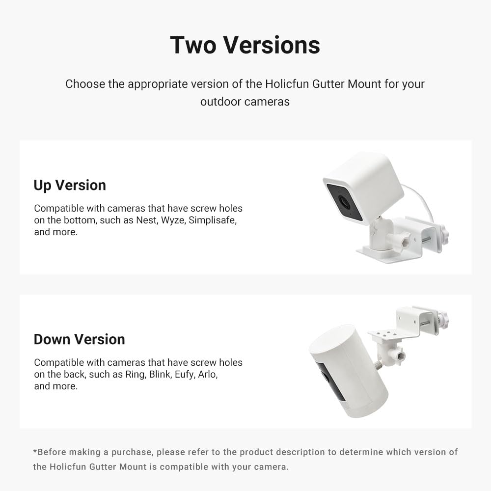 Holicfun Universal Gutter Mount for Outdoor Security Cameras - Compatible with Ring, Blink, Eufy, Google Nest, Wyze, Arlo, SimpliSafe & More - White (Up Version) - Perfect for Home Surveillance & Weatherproof Installation