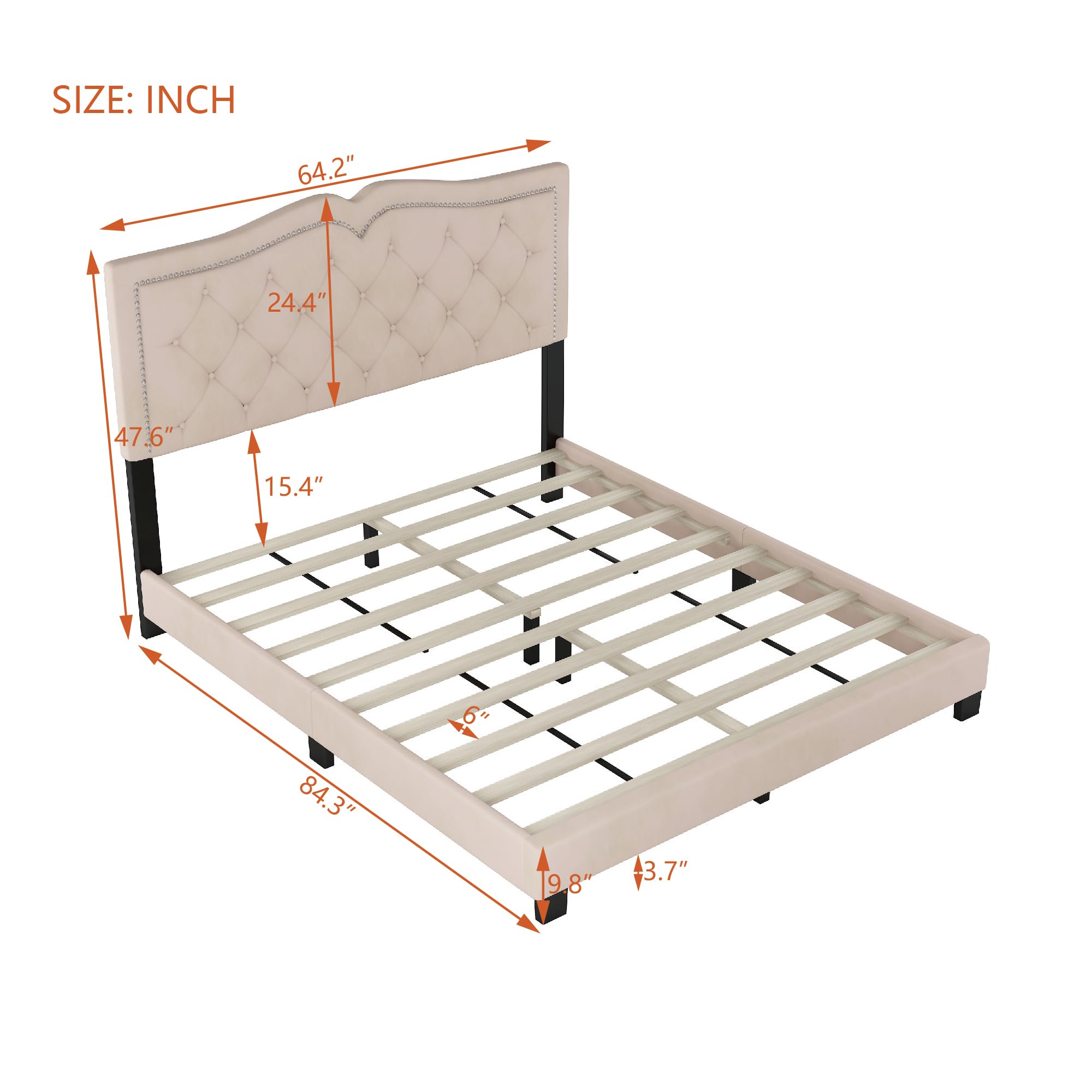Luxury Velvet Upholstered Platform Bed Frame with Rivet Design - Queen Size Soft Headboard Bed with Slats, No Box Spring Needed - Easy Assembly Modern Bedroom Furniture (Beige) | Perfect for Master Bedrooms, Guest Rooms & Small Space Apartments