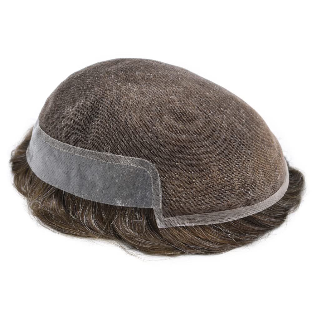 Natural Human Hair Toupee for Men - Swiss Lace Base Hair Replacement System with PU Bleached Knots | 8x10 Inch Light Medium Density (540# Medium Light Brown with 40% Gray) | Perfect for Daily Wear, Special Occasions & Hair Loss Solutions | SINGA HAIR