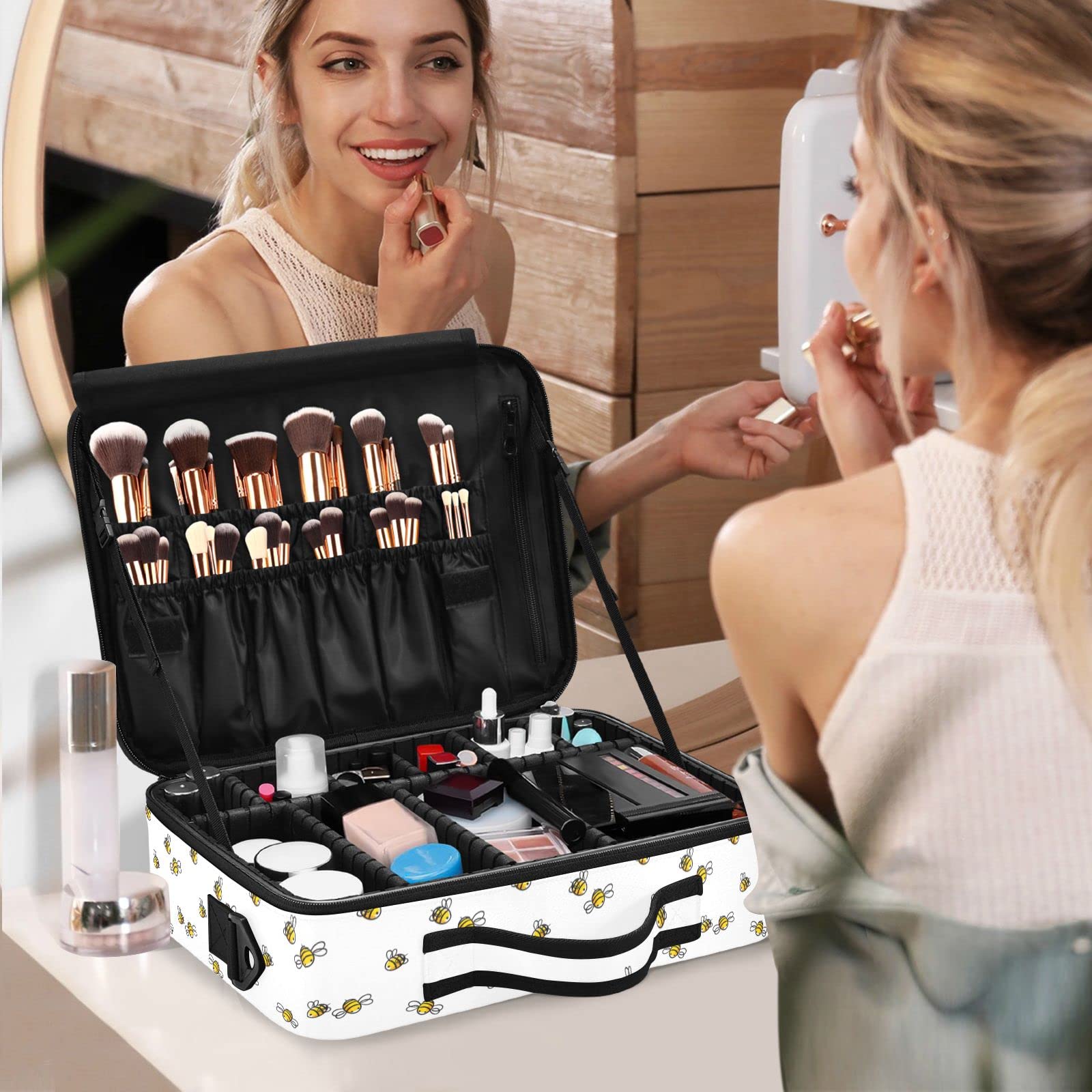 Moyyo Yellow Bees Travel Makeup Bag for Women - Professional Cosmetic Organizer Case, Portable Train Case for Makeup Artists - Perfect for Travel, Salon & Home Storage