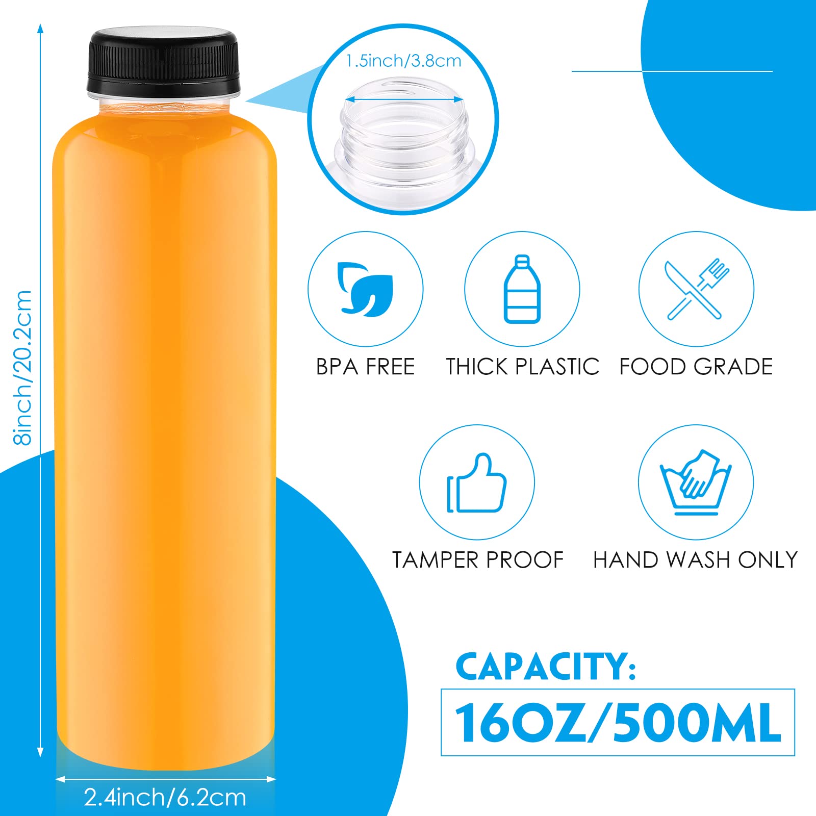 200 Pack 16oz Clear Plastic Juice Bottles with Black Caps - Reusable PET Drink Containers for Juicing, Smoothies, Beverages | Bulk Empty Bottles for Home, Restaurant, Fridge Storage & Party Use