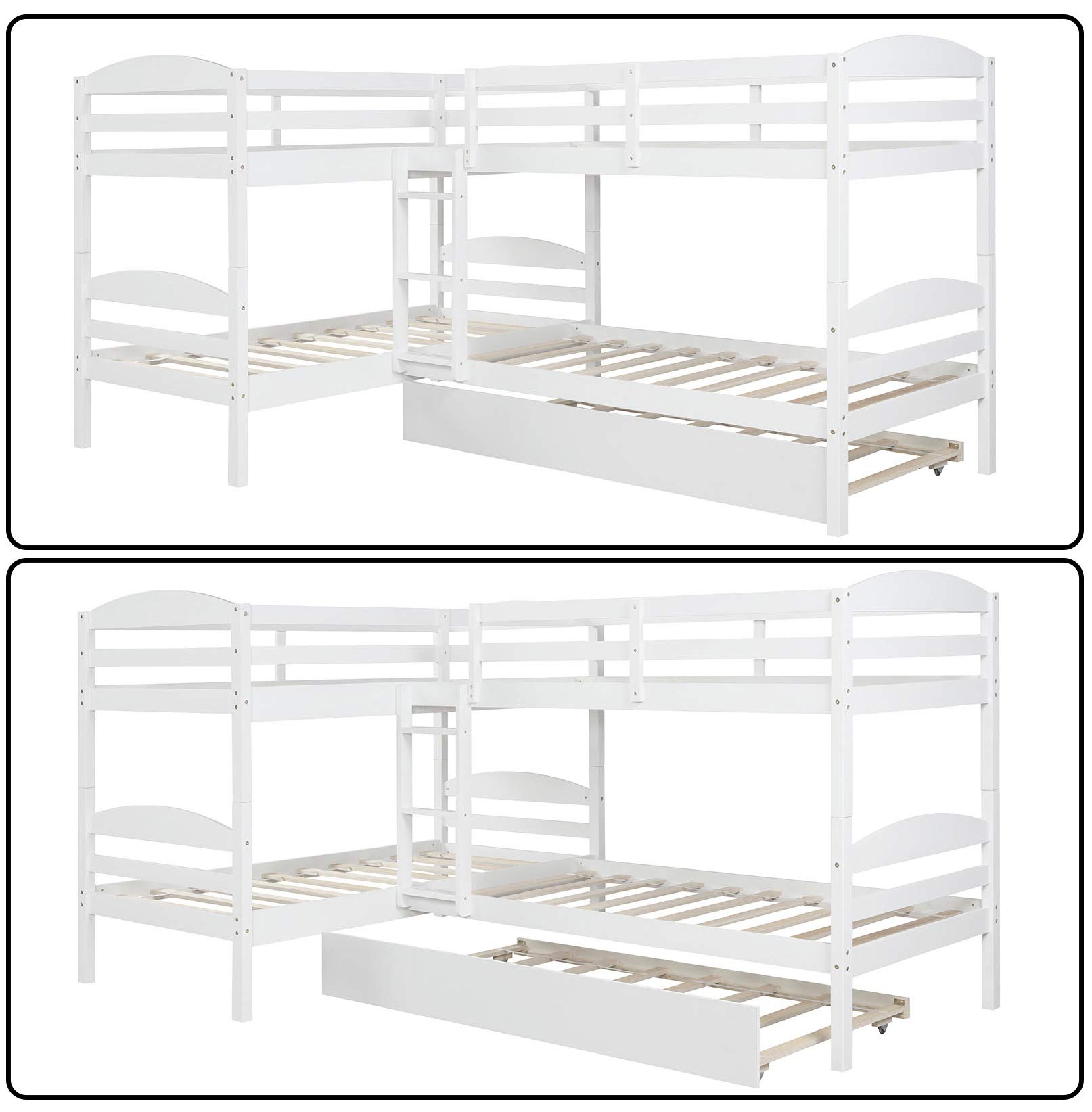 P PURLOVE Twin Bunk Bed L-Shaped Bunk Bed Frame with Twin Trundle Bed - No Box Spring Needed - Sturdy Metal Frame - Space Saving Kids Bedroom Furniture - Perfect for Small Rooms, Guest Rooms & Vacation Homes (White)