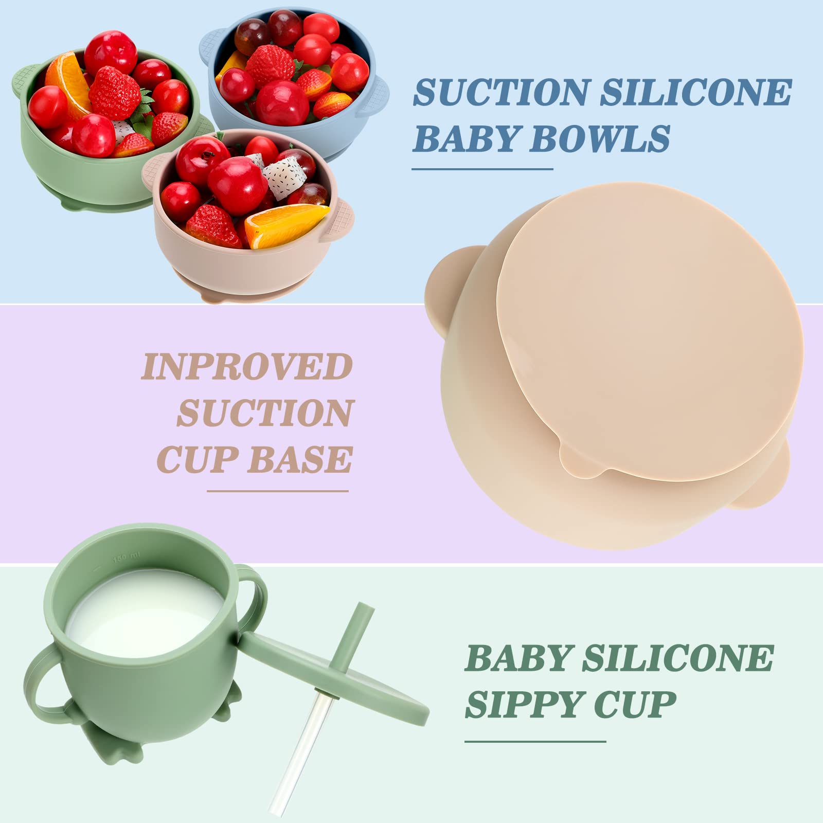 18-Piece Silicone Baby Feeding Set - Adjustable Toddler Bibs, Suction Bowls, Divided Plates, Spoons, Forks & Cups - BPA-Free Infant Dinnerware (Gray Blue, Navy Green, Beige) - Perfect for Mess-Free Mealtime at Home or On-the-Go