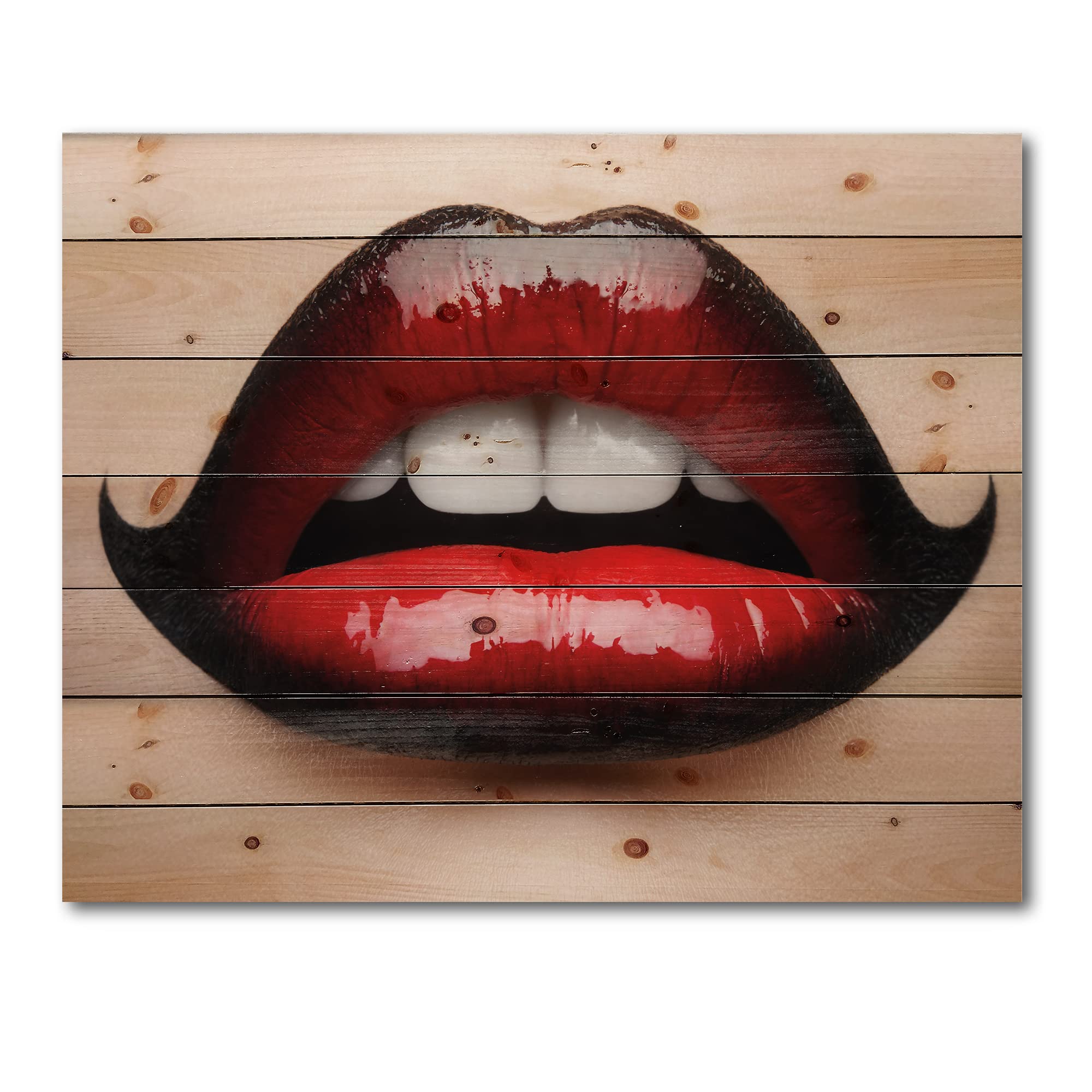 DesignQ Modern Red & Black Lipstick Wood Wall Art - Large Contemporary Female Lips Wall Decor Printed on Natural Pine Wood - Perfect for Living Room, Bedroom & Office Decor