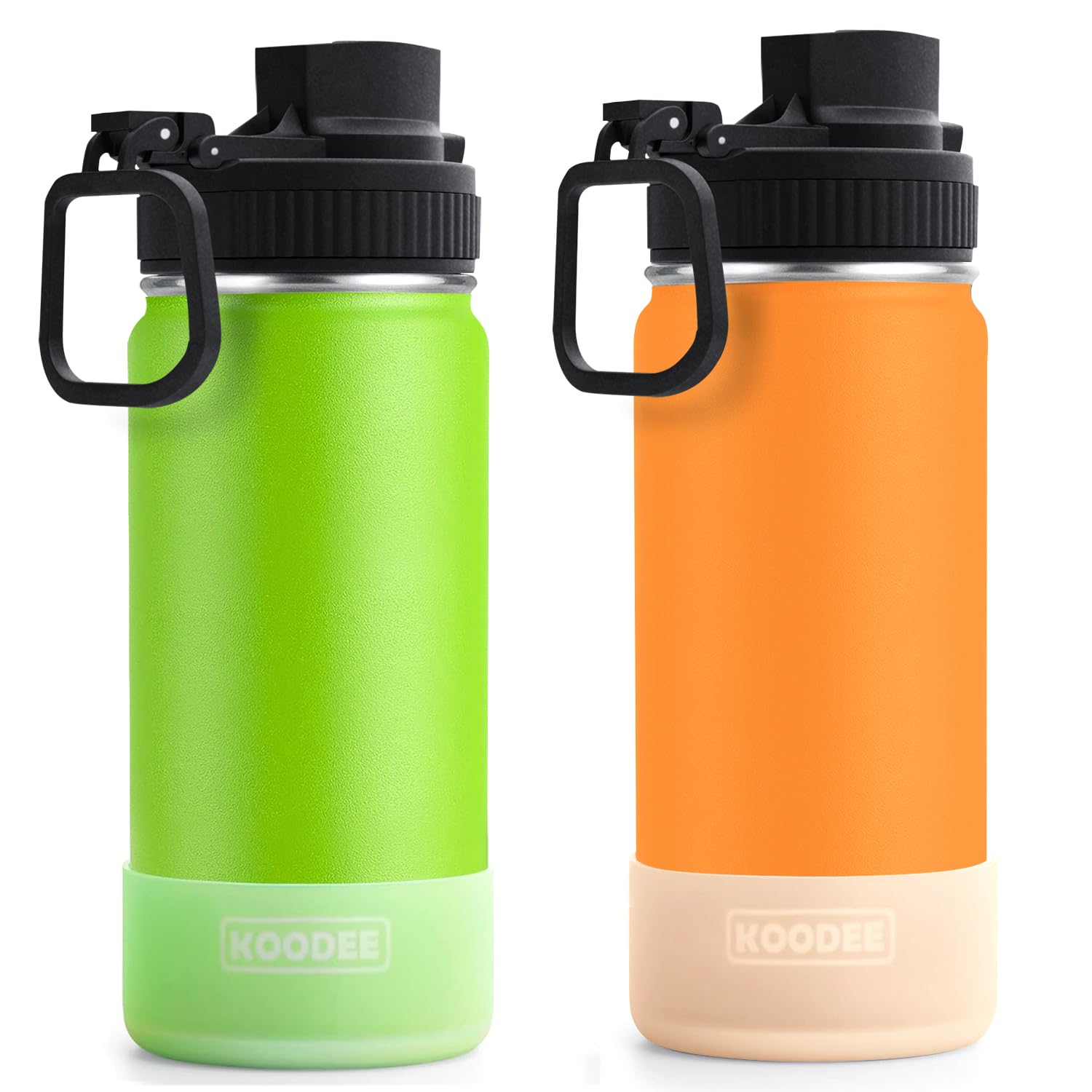 KOODEE 16 oz Stainless Steel Insulated Water Bottle with Straw - 2 Pack BPA Free Reusable Metal Bottles for Women & Girls (Apple Green & Mango Yellow) - Perfect for School, Gym, Hiking & Outdoor Activities