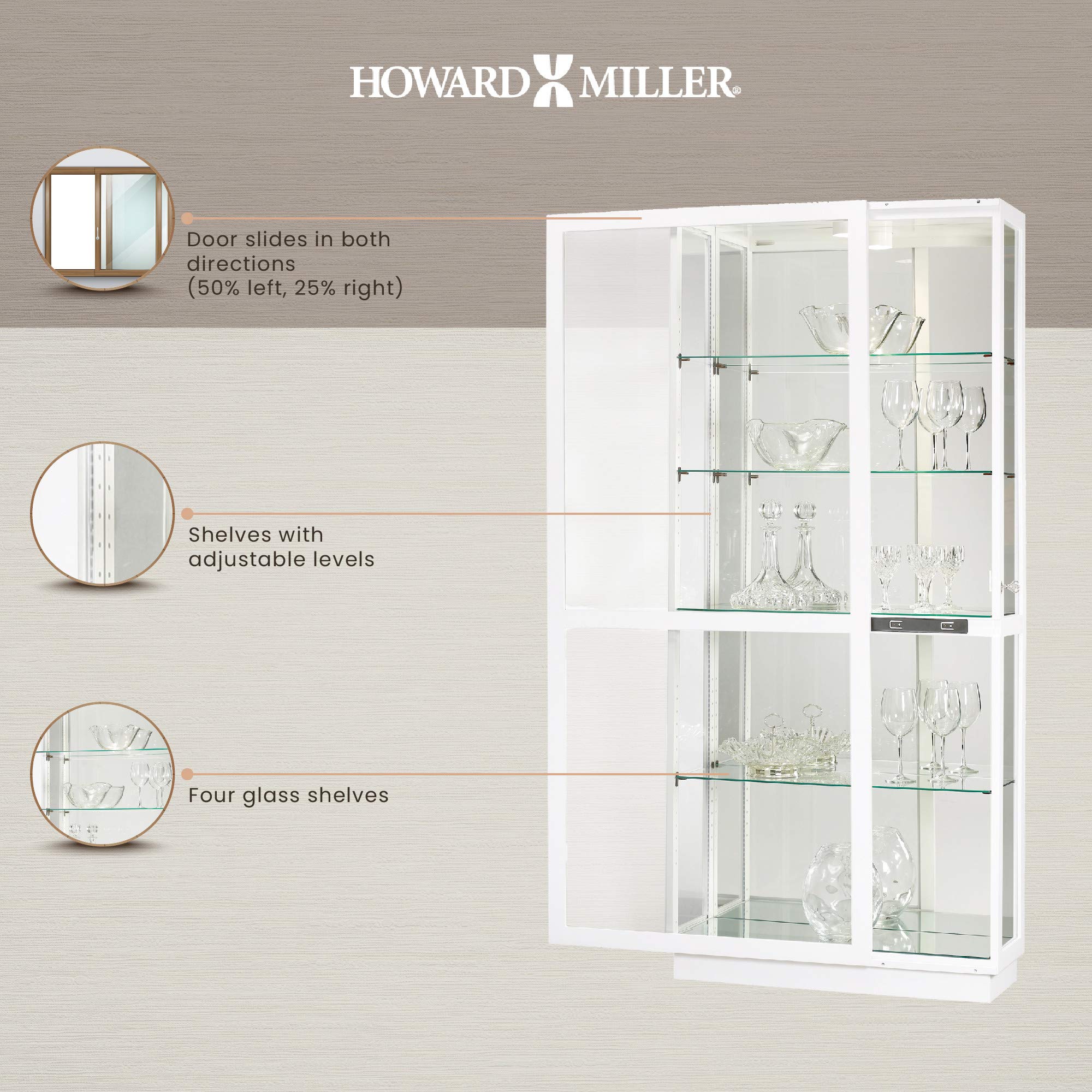 Howard Miller Jayden IV Curio Cabinet 680-574 - Hand-Rubbed Gloss White Finish Display Case with 4 Glass Shelves & 5-Level Storage, Locking Sliding Door & LED Lighting - Perfect for Home Decor, Collectibles Display, or Showcasing Antiques in Living Room, Dining Room, or Office