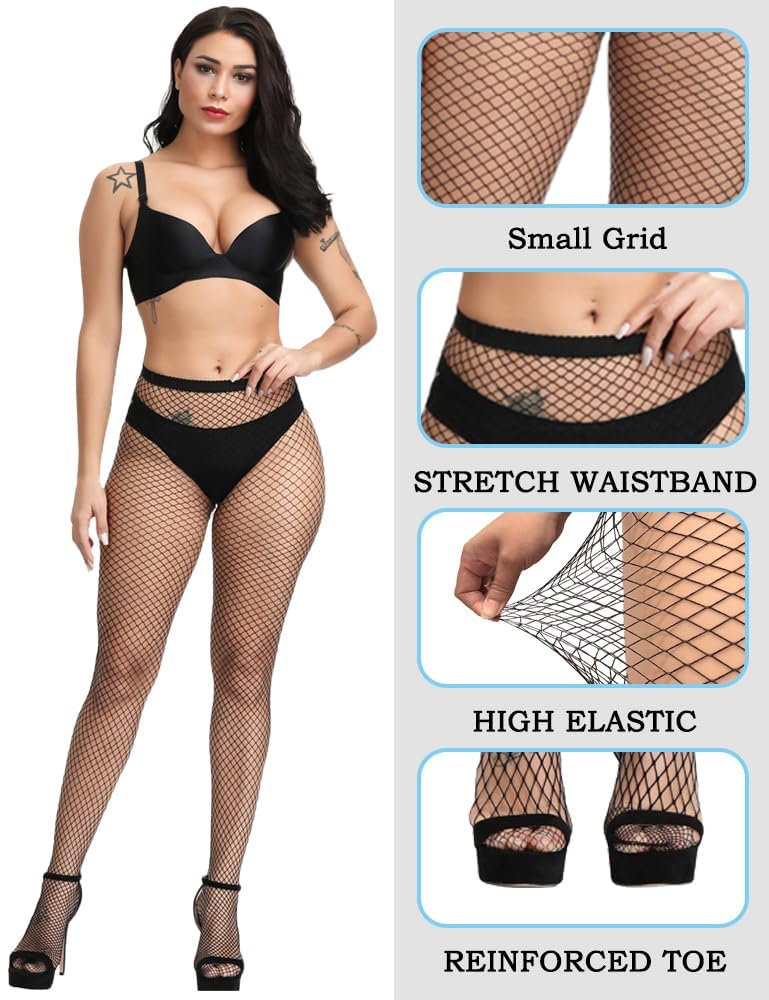 Sexy High Waisted Fishnet Stockings for Women - Stretchy Wide Mesh Tights for Halloween, Cosplay & Night Out - Plus Size Options Available