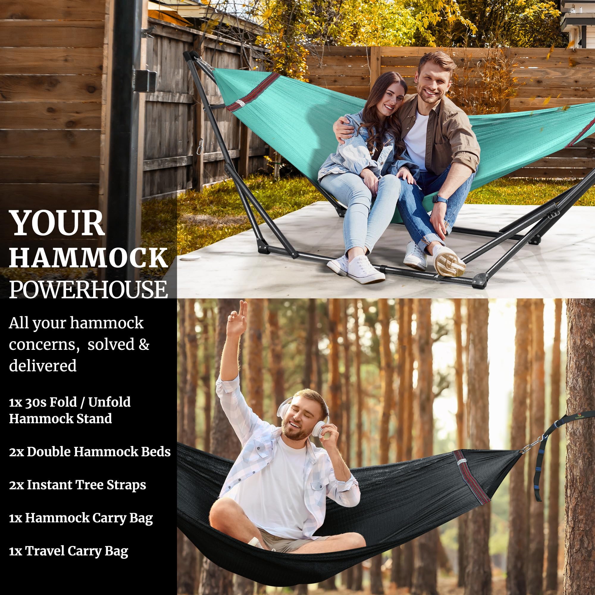 Tranquillo 2-Person Hammock Set with Stand - Heavy Duty 600lbs Capacity for Indoor & Outdoor Use - Includes 2 Hammocks, Tree Straps, and Portable Carrying Bags - Perfect for Backyard, Patio, Camping, and Beach Relaxation