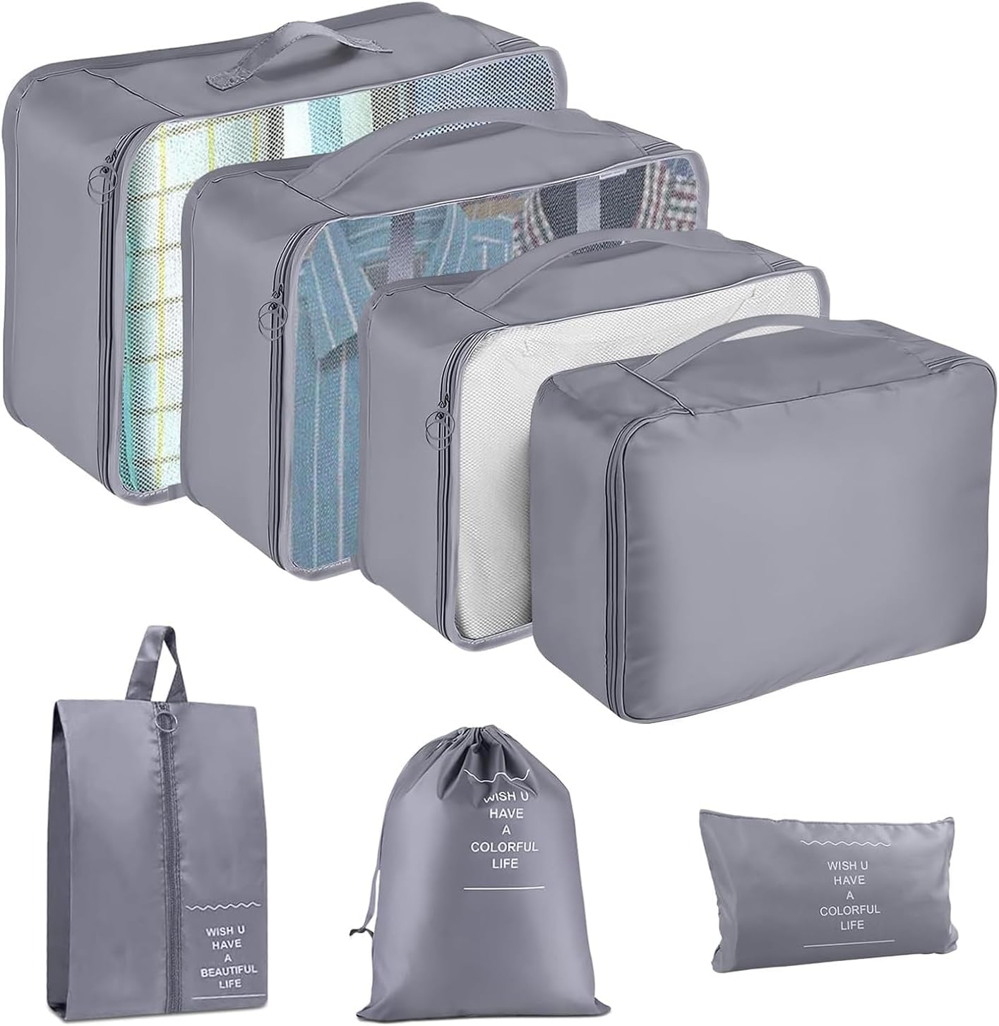 7-Piece Packing Cubes Set for Suitcases - Lightweight Travel Luggage Organizers with Compression Shoe Bag & Clothing Storage | Perfect for Men & Women Travel Accessories | Grey | Ideal for Business Trips, Vacations & Backpacking