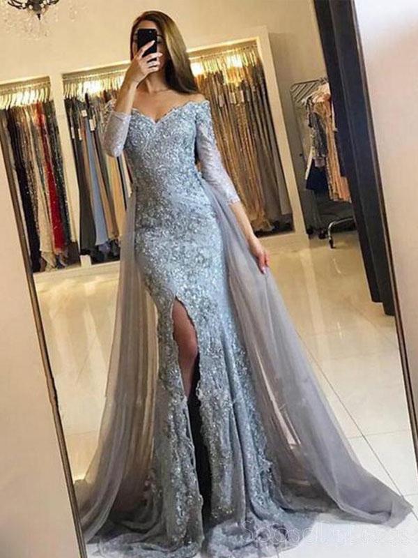 Elegant Dusty Blue Long Sleeve Lace Mermaid Prom Dress with Side Slit - 2018 Popular Evening Gown for Homecoming, Formal Parties & Special Occasions