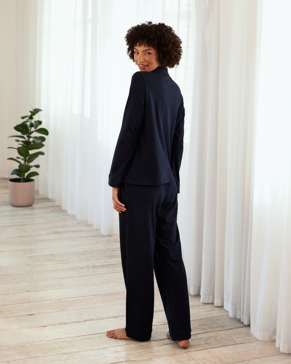 Organic Cotton Button-Up Long Sleeve Pajama Set for Women - Soft & Comfortable Sleepwear - Navy Blue Loungewear for Relaxing at Home or Travel