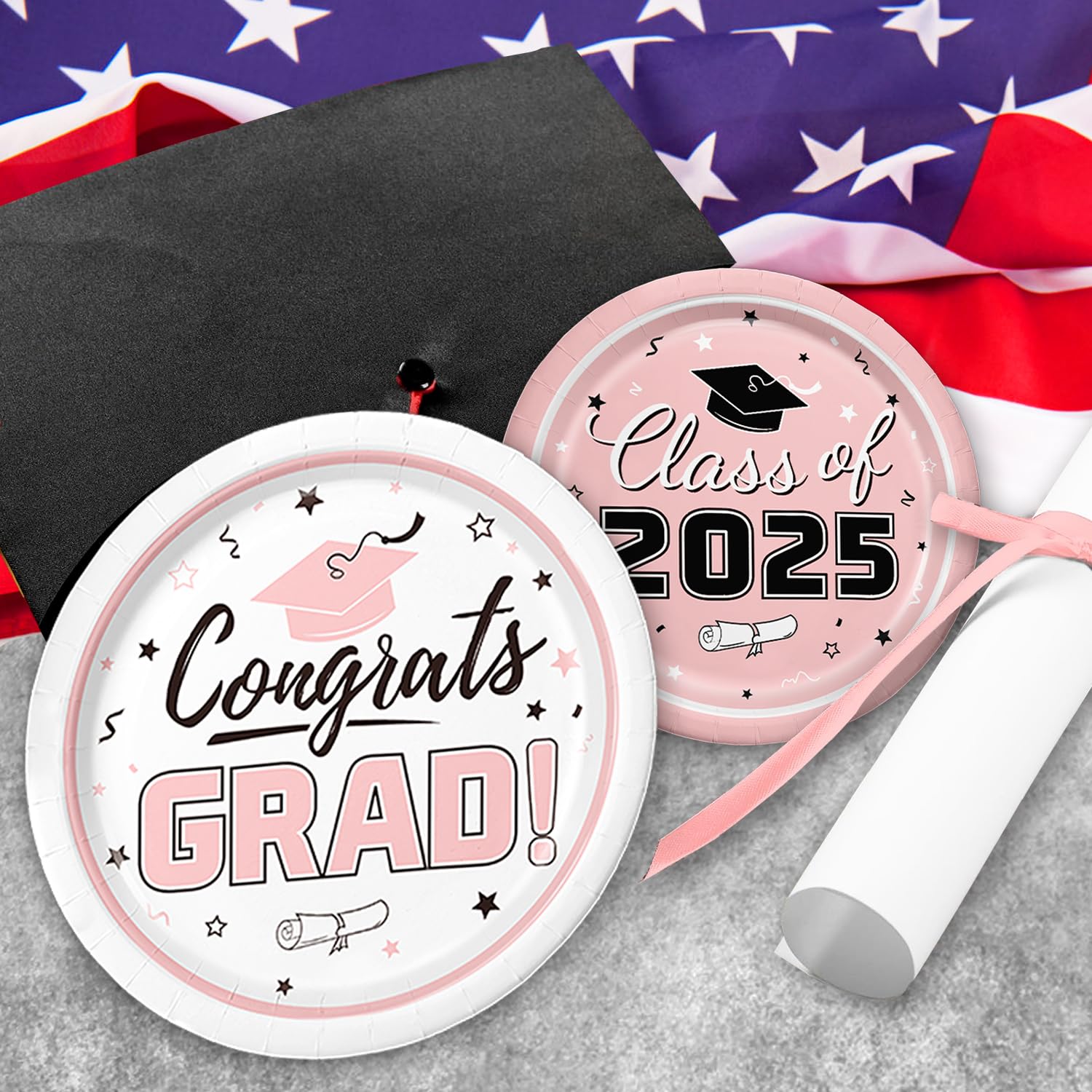 Class of 2025 Graduation Party Supplies Kit - 50-Piece Disposable Tableware Set with Pink Dinner Plates, Dessert Plates & Napkins - Perfect for Grad Party Decorations & Congratulations Celebrations | Great for High School & College Graduation Parties, Open Houses & Commencement Receptions
